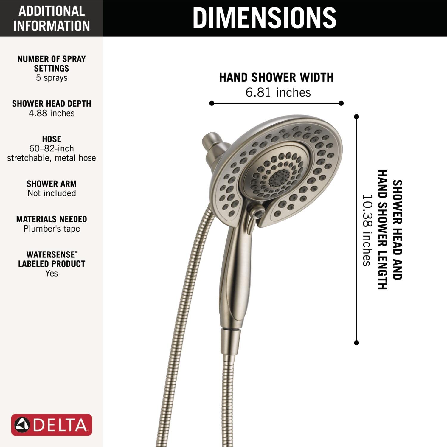 Delta Faucet 5-Spray In2ition 2-in-1 Dual Shower Head with Handheld Spray - Brushed Nickel Handheld Shower Head with Hose, 1.75 GPM Water-Saving Showerhead, Lumicoat Stainless Steel Finish (Model 58569-SS-PR-PK) - Perfect for Bathroom Renovation & Spa-Like Shower Experience