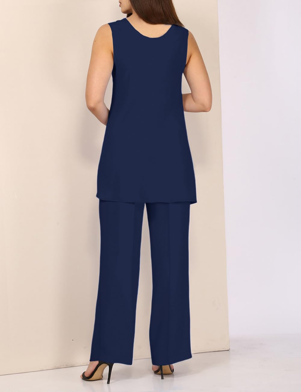Elegant Women's 2-Piece Pantsuit Set - Sleeveless Top with Straight Leg Pants for Mother of Bride, Wedding Guest & Formal Occasions | Navy Blue Dressy Outfit for Weddings, Parties & Special Events