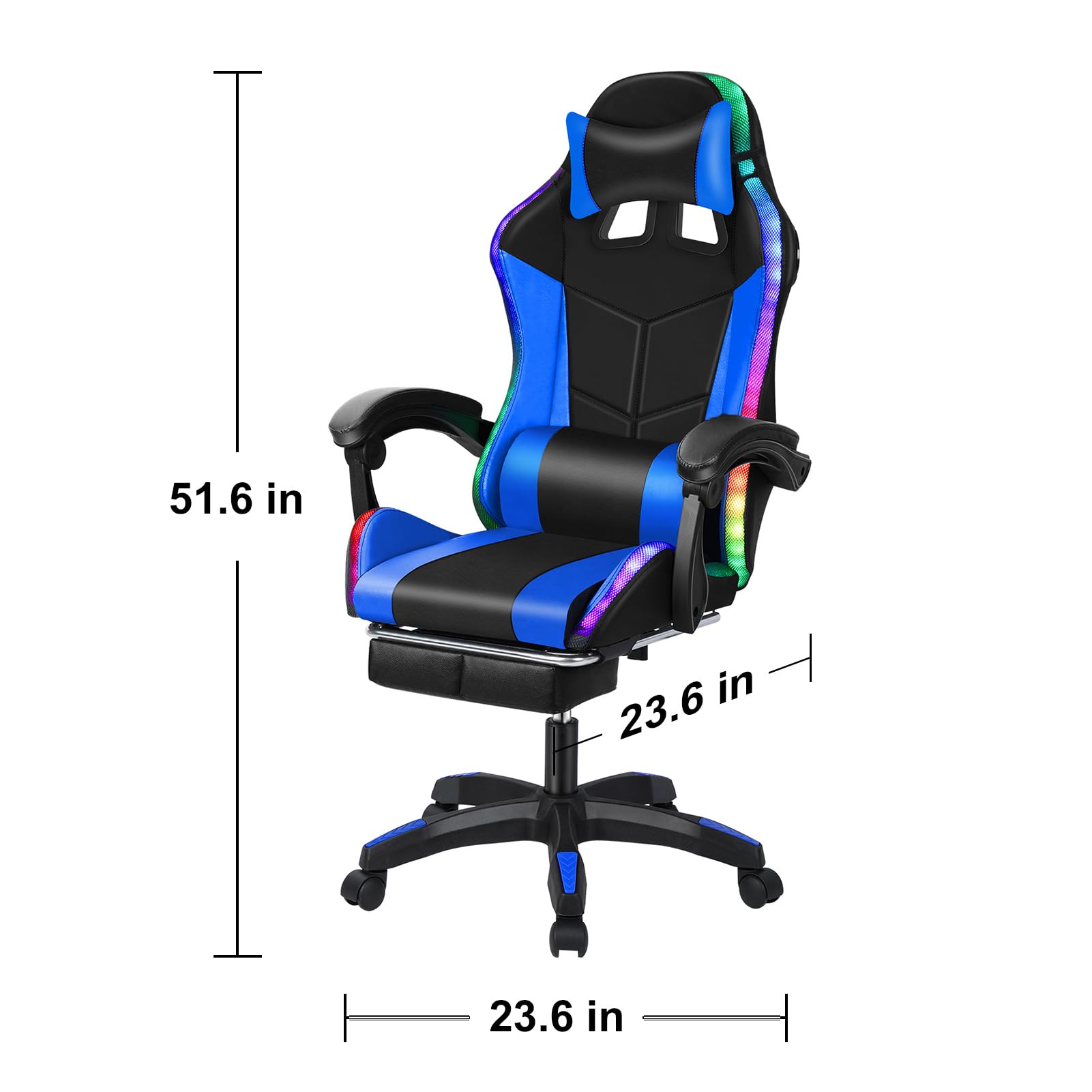 Premium Ergonomic Gaming Chair with Built-in Speakers & RGB LED Lights - Adjustable Height, Lumbar Support - Black & Blue - Perfect for PC Gaming, Streaming & Home Office Setup