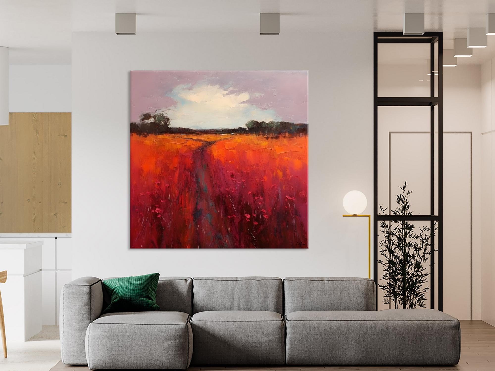 Abstract Landscape Canvas Painting - Red Poppy Flower Field Acrylic Artwork for Living Room Wall Decor | Modern Home & Office Wall Art