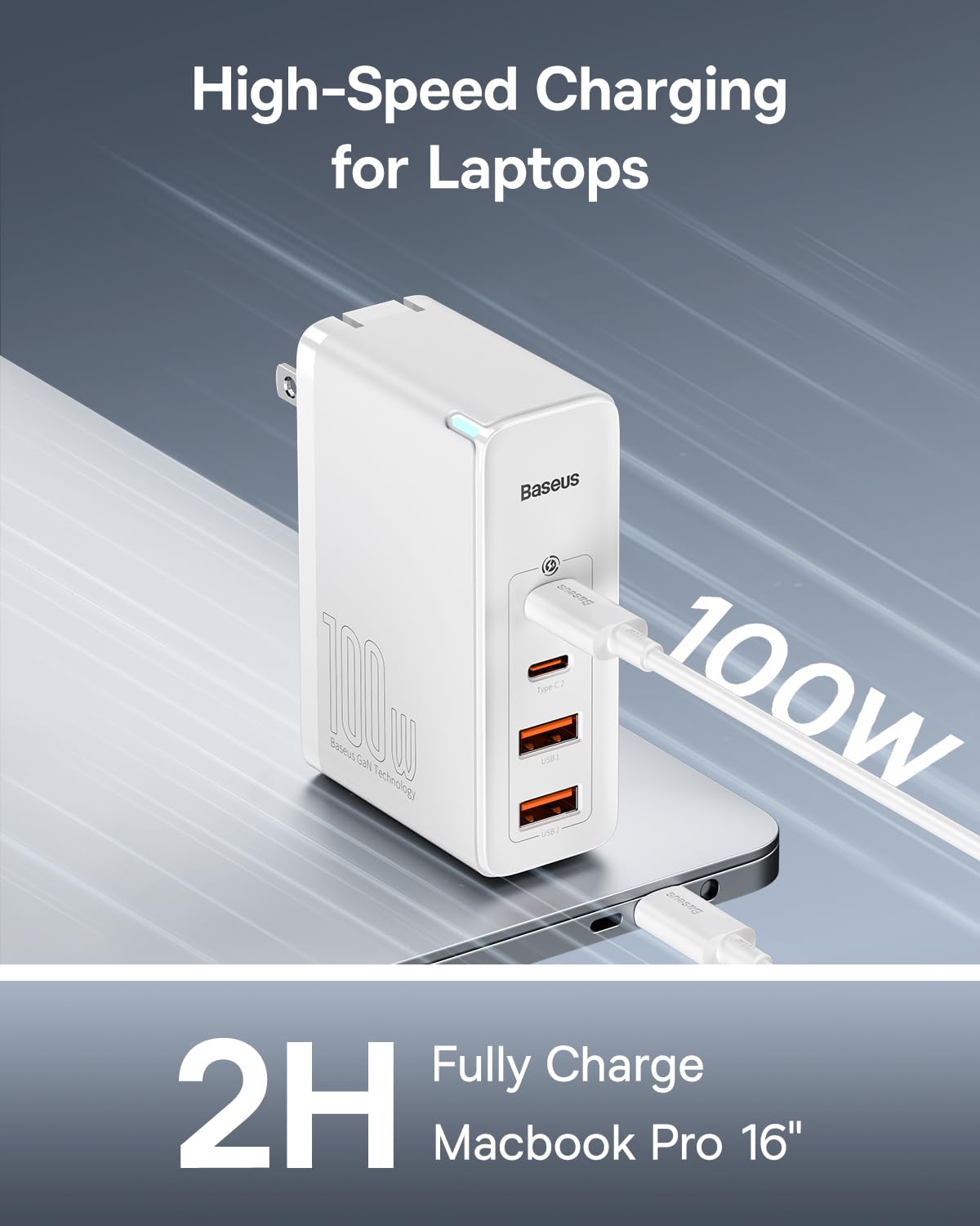 Baseus 100W 4-Port GaN II Fast Charger - USB C Wall Charger for iPhone 15/14/13/12/11, Galaxy, MacBook Pro/Air, iPad, Laptops - Compact & Powerful Charging Block for Home, Office & Travel (White)