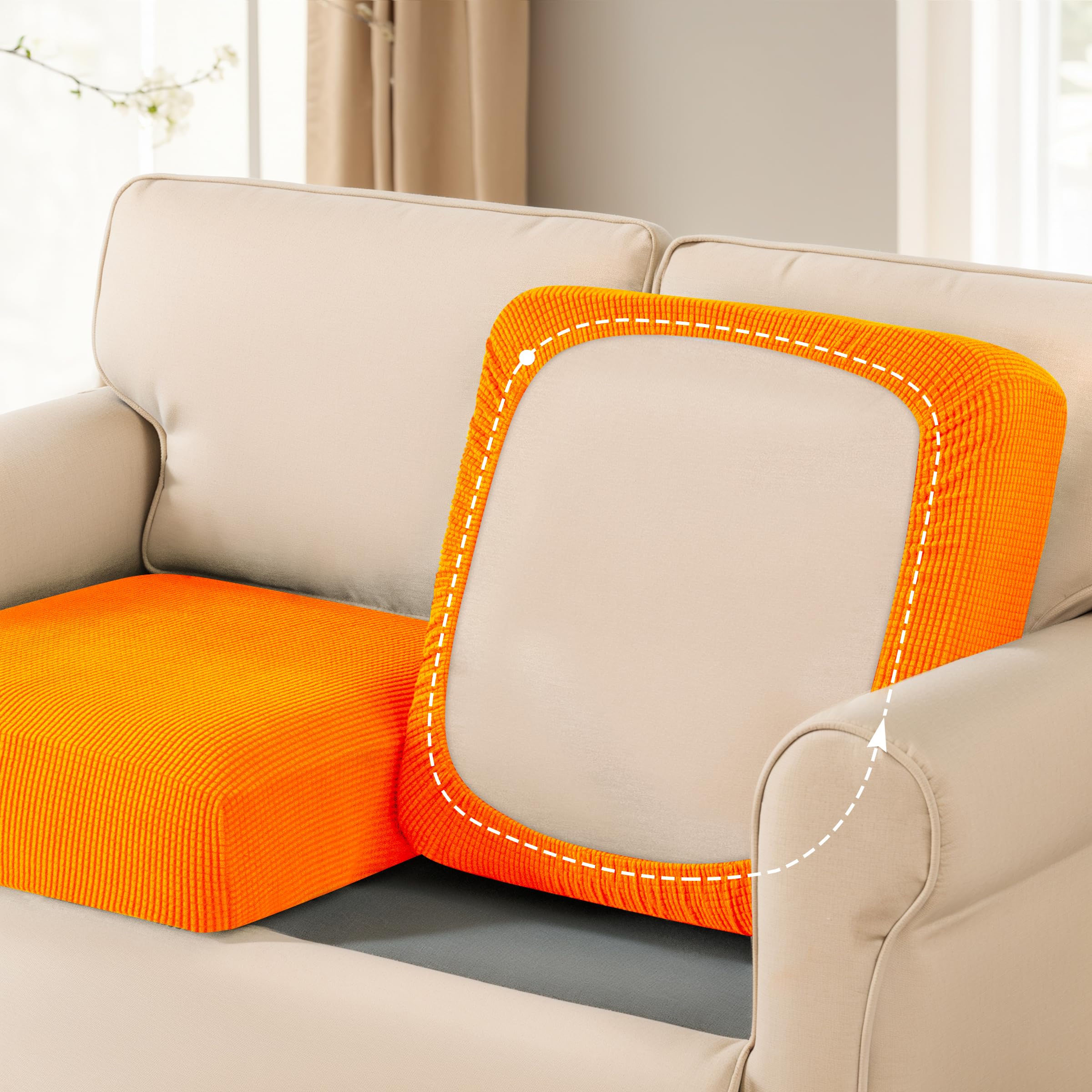 Stretch Cushion Covers 3-Pack - Elastic Sofa Slipcovers for Couch, Loveseat, RV & Chair - Spandex Furniture Protector in Orange - Perfect for Home, Office & Travel Use