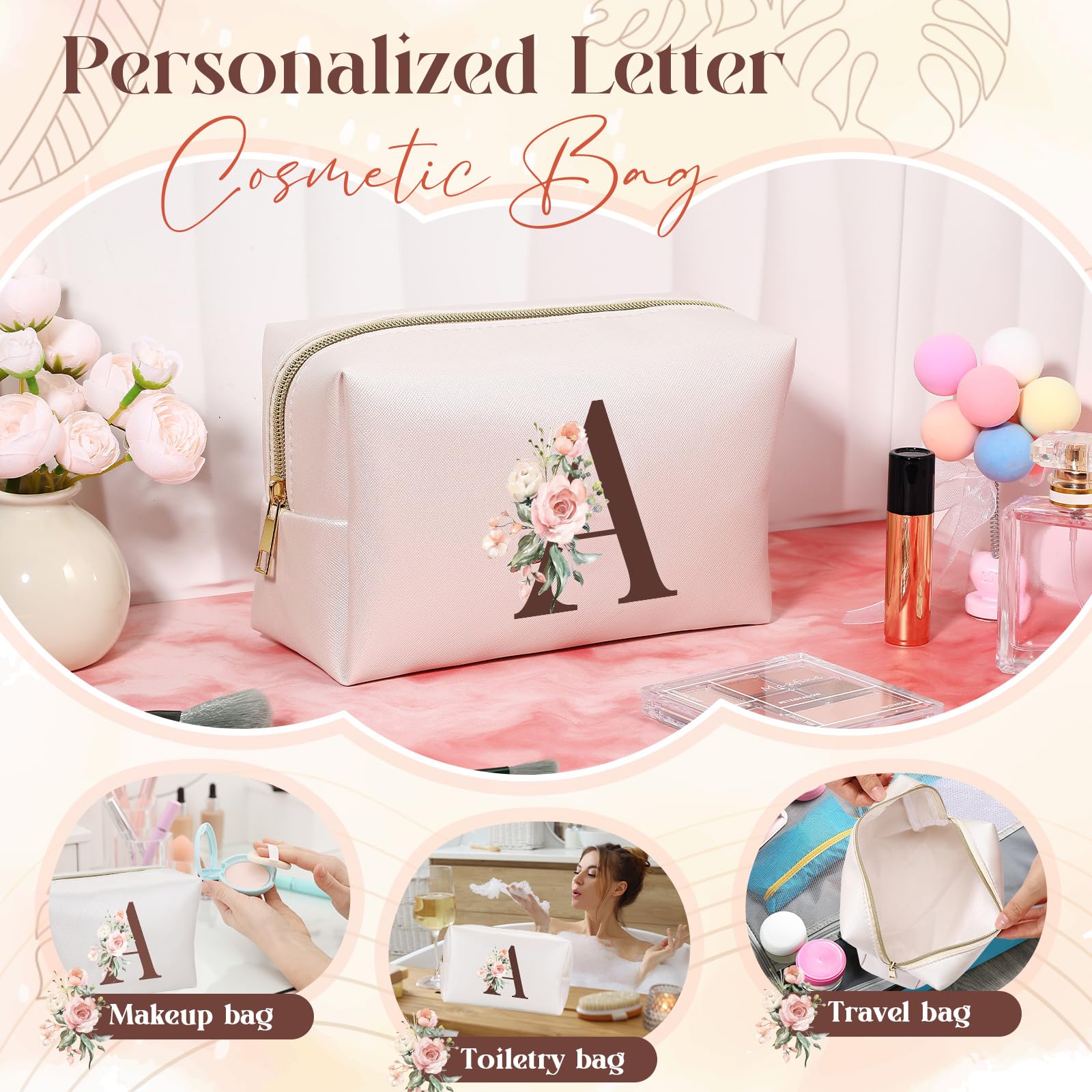 Personalized Monogram Makeup Bag with Initial - Custom Letter A Cosmetic Pouch for Women & Teens | Perfect for Travel, Gym, Birthday, Mother's Day & Graduation Gifts | Trendy Preppy Accessory for Girls