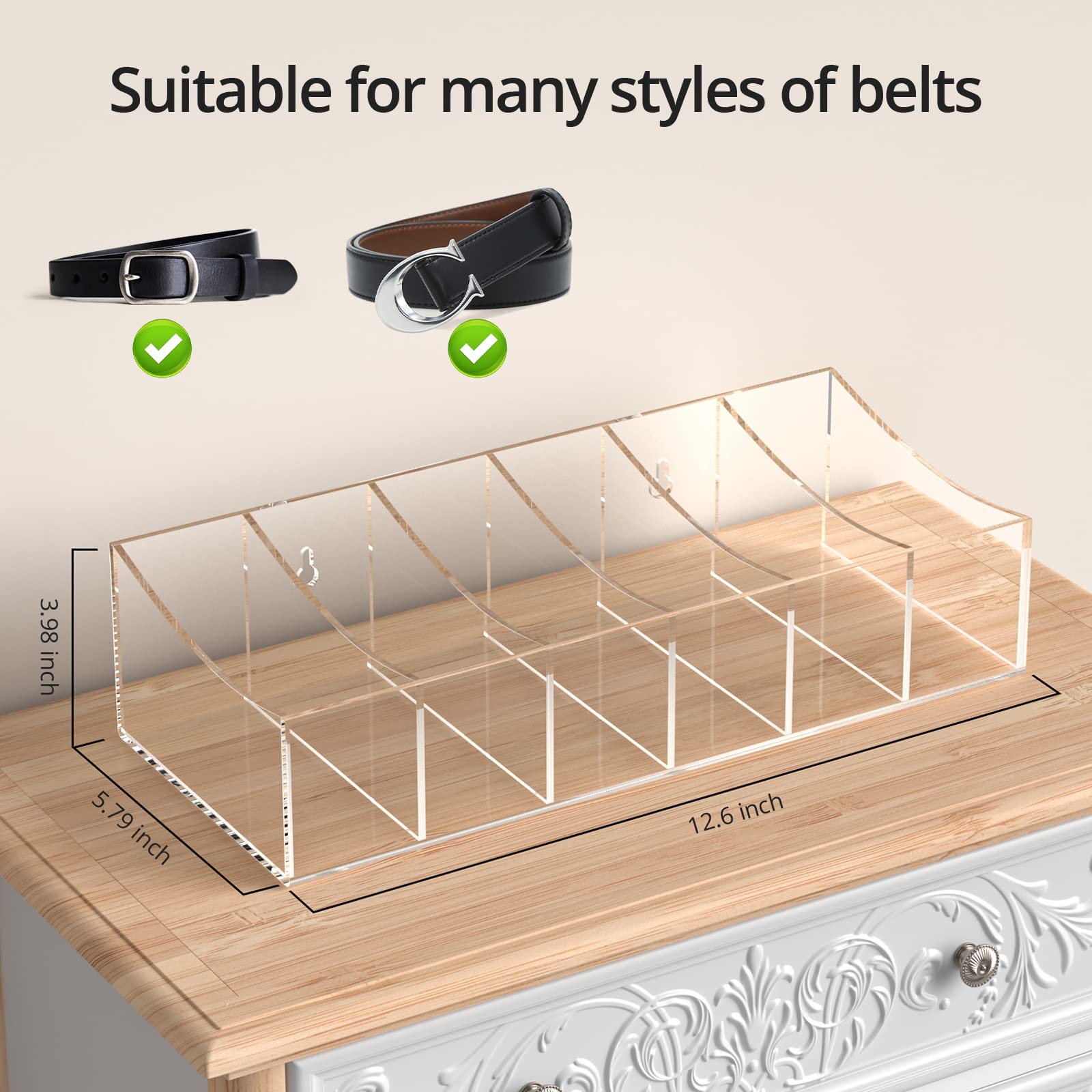 Acrylic Belt Organizer with 6 Compartments - Clear Belt Storage Holder for Closet & Drawer - Perfect for Ties, Bow Ties & Accessories - Ideal for Home, Office & Travel Organization