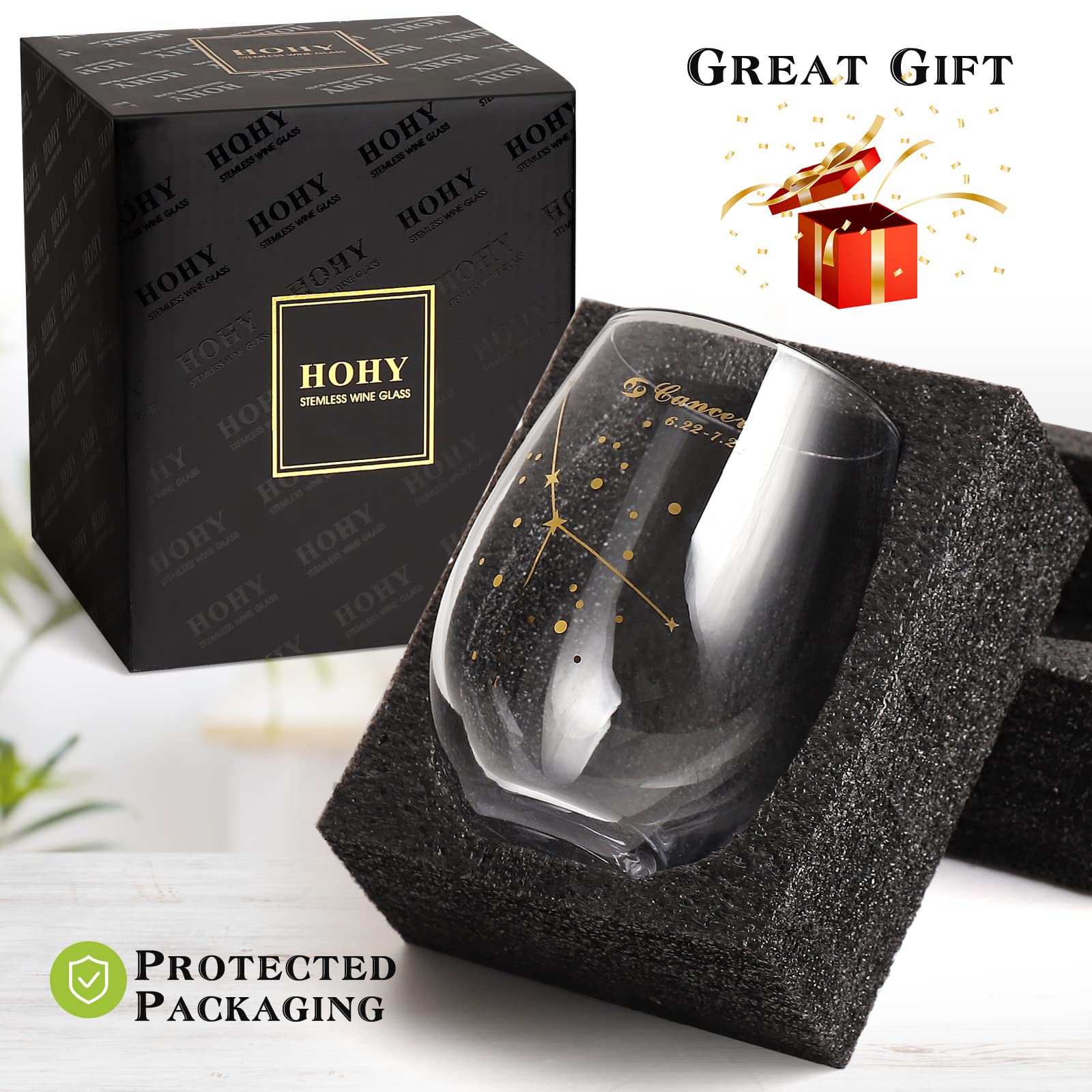 HOHY 20 Oz Stemless Wine Glass with Cancer Constellation Design - Golden Zodiac Gift for Women, June Birthday Present - Perfect for Wine Tasting, Parties, and Astrology Lovers
