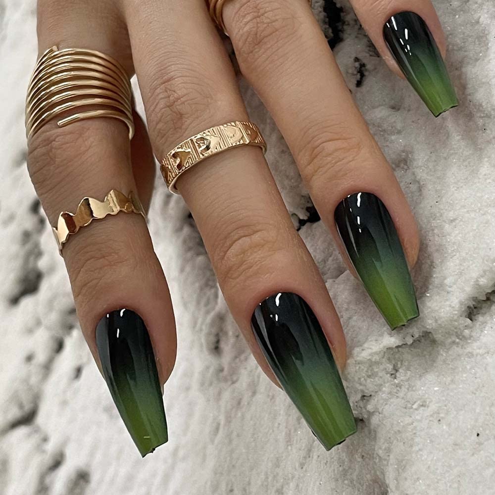 Redykat 24PCS Glossy Green Ombre Coffin Press On Nails - Salon Quality Fake Nails with Extra Long Acrylic Design, Witchy Nail Art for Halloween & Gothic Style (Green & Black Ombre) - Perfect for Parties, Cosplay, and Special Occasions