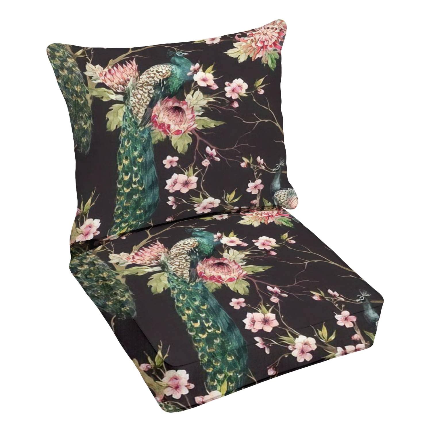 Premium Outdoor Deep Seating Cushion Set - Watercolor Peacock & Cherry Blossom Design - Replacement Cushions for Patio Lounge Chairs - Perfect for Garden, Poolside & Backyard Relaxation