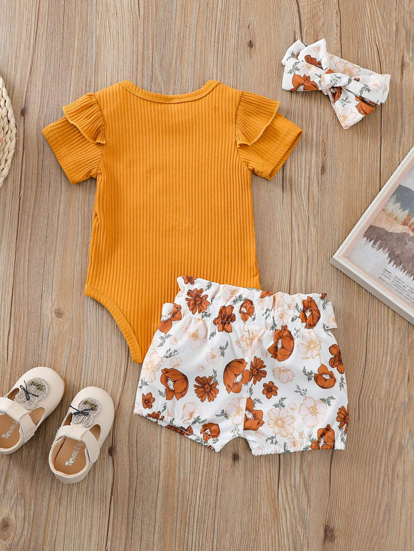 BeQeuewll Baby Girl Romper Outfit - Newborn Ruffle Ribbed Bodysuit Jumpsuit with Floral Shorts Set | Toddler Summer Clothes for Playdates & Outdoor Activities