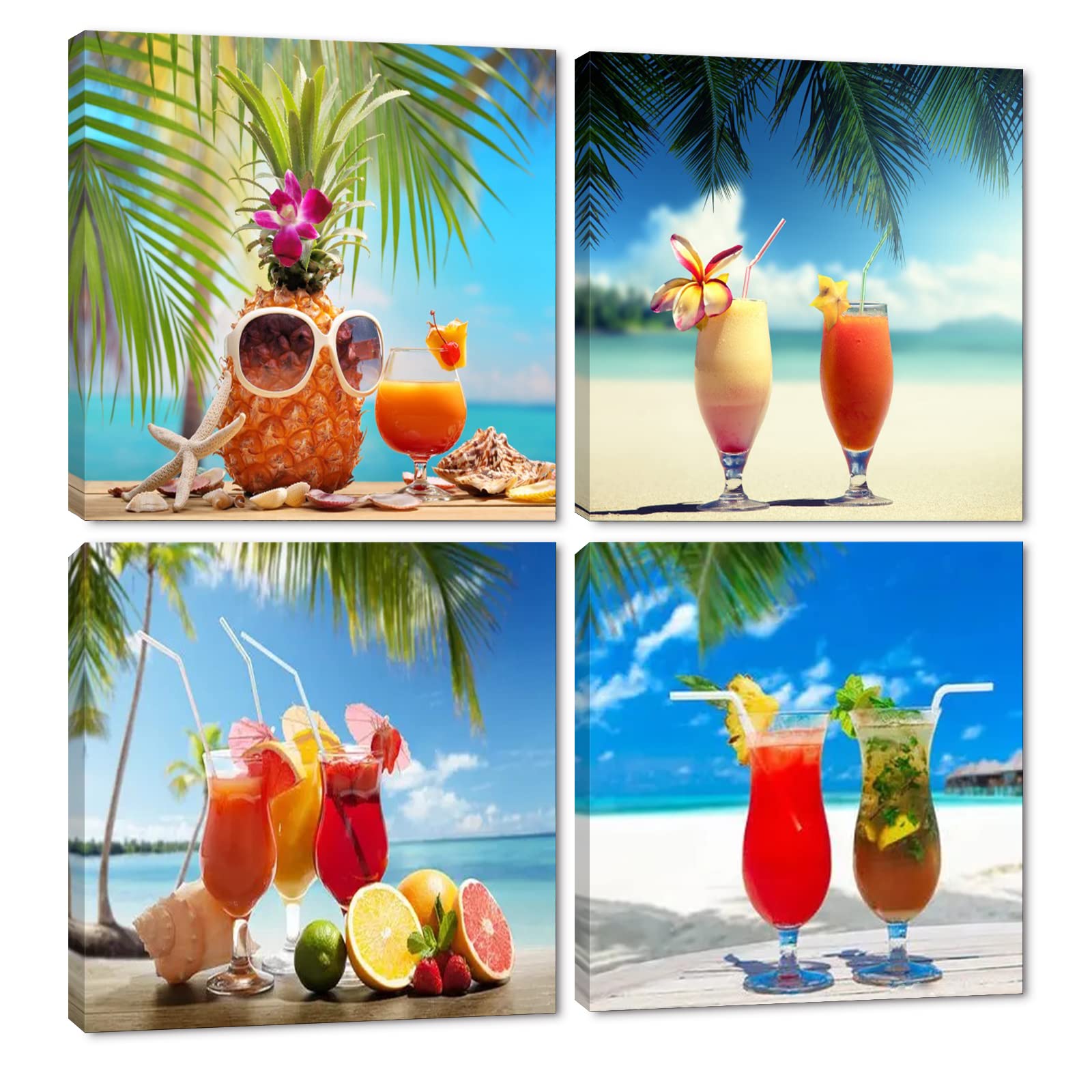 4 Pieces Beach Wall Art Set - Summer Style Drink Canvas Prints with Wooden Frame, Colorful Modern Home Decor for Kitchen, Living Room, Bedroom - Easy to Hang 24