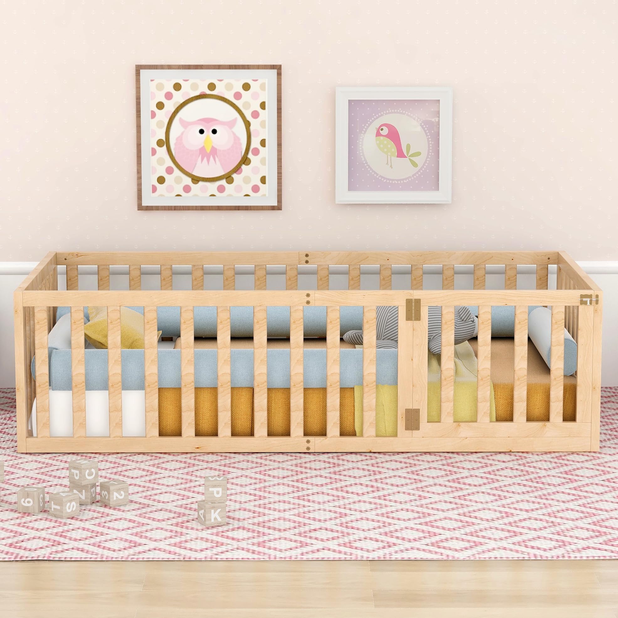 Bellemave Twin Floor Bed with Safety Fence & Door - Montessori Kids Bed Without Slats - Natural Wood Toddler Bed for Boys & Girls - Perfect for Montessori Bedrooms & Safe Sleep Training