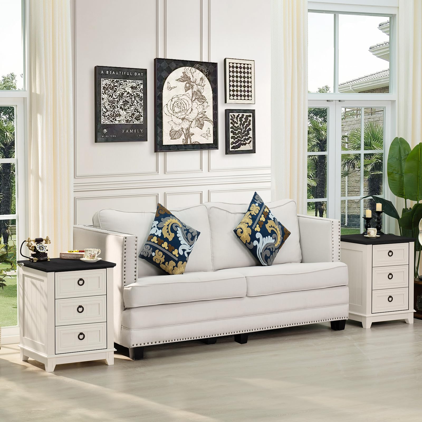Farmhouse Style 2-Piece Nightstand Set with 6-Drawer Dresser - 54 Inch Wide Wooden Dresser & 18
