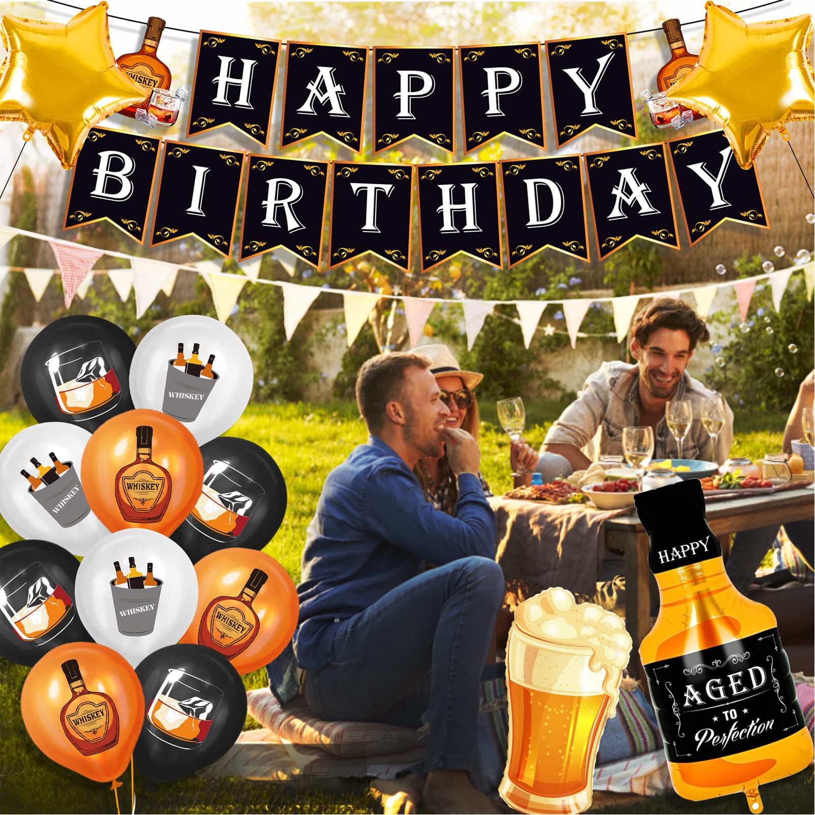 19-Piece Whisky Balloons Kit - Beer Themed Birthday Party Supplies for Aged to Perfection & Oktoberfest Decorations (Gold & Black) - Perfect for Whiskey Tasting Parties, Bachelor Celebrations & German Beer Festivals