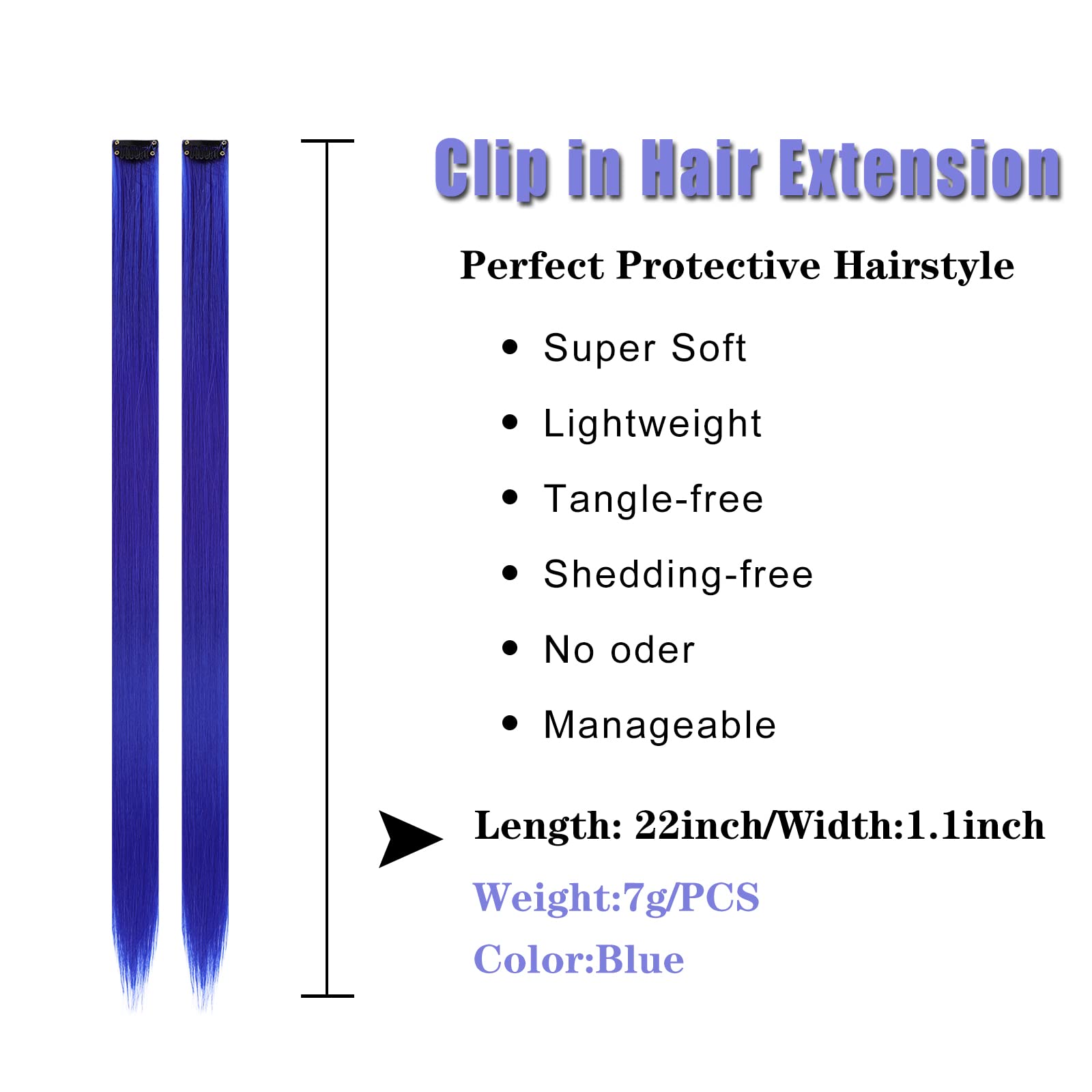 12PCS Blue Clip-in Hair Extensions 22 Inch - Vibrant Colored Synthetic Hair Extensions for Women & Kids - Perfect for Cosplay, Parties & Daily Styling (12 Pieces, Blue)
