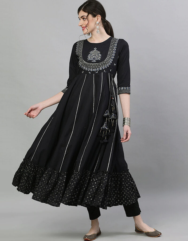 Stylish Black Cotton Anarkali Kurti for Women | Traditional Indian Long Dress | Perfect for Festivals, Weddings & Casual Wear