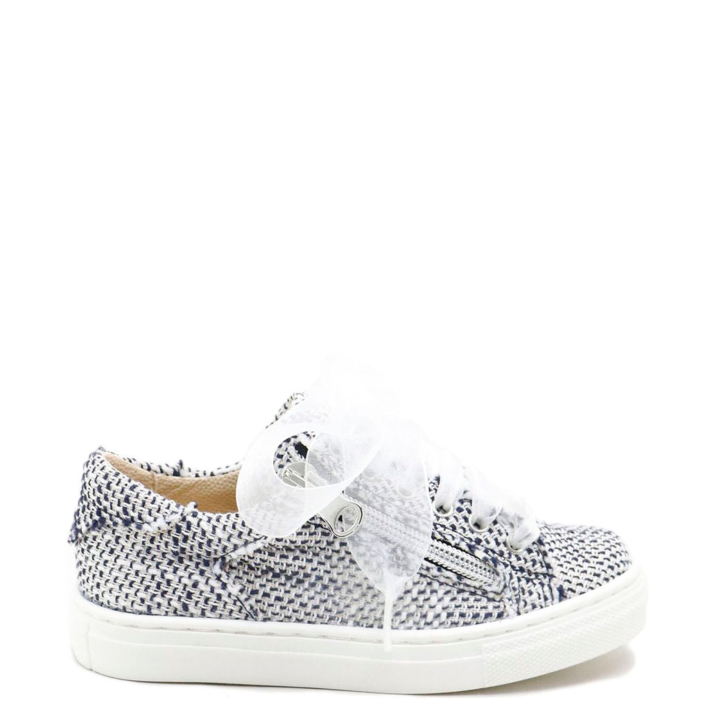 Stylish Blue and White Tweed Zipper Sneakers for Women - Comfortable Casual Shoes for Walking, Work & Everyday Wear