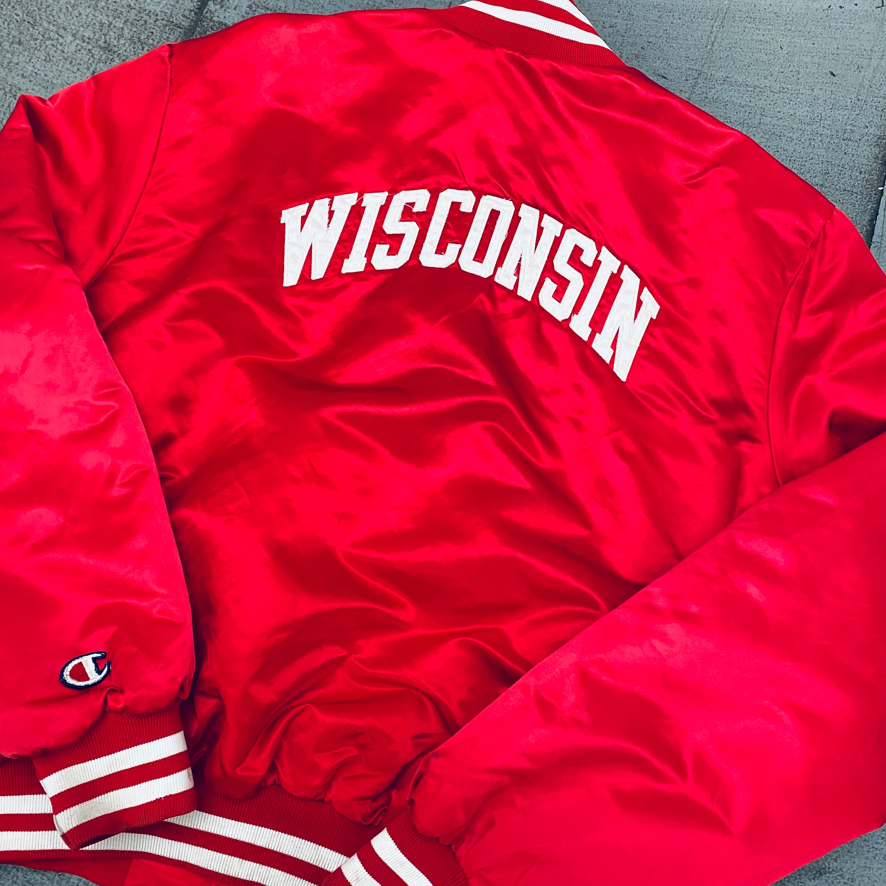 1990s Wisconsin Badgers Champion Satin Stitched Reverse Spellout Bomber Jacket - XL/XXL - Vintage College Football Apparel for Fans & Collectors