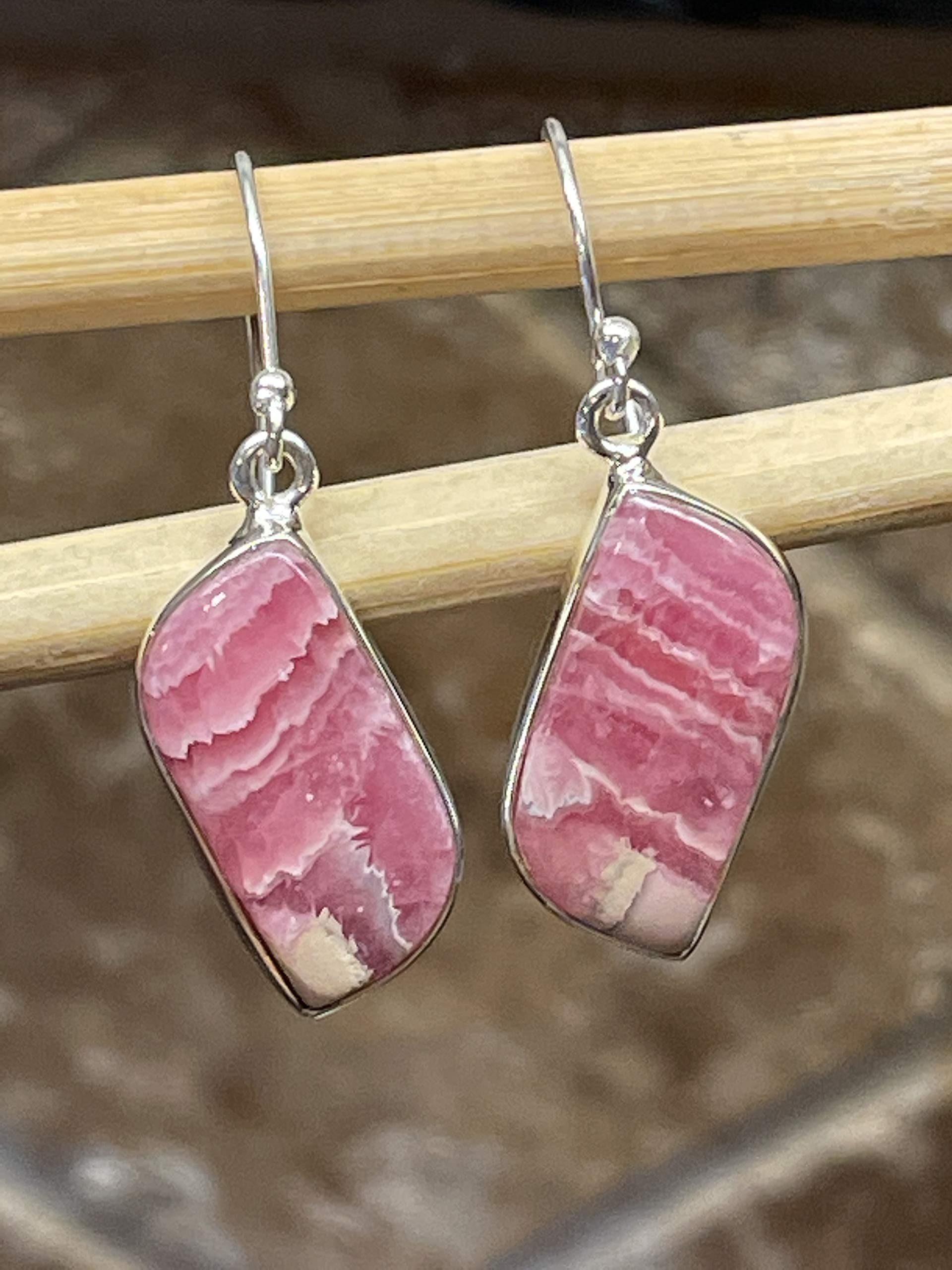Natural Pink Rhodochrosite 925 Sterling Silver Earrings - 35mm Dangle Earrings for Women, Handmade Gemstone Jewelry Gift for Her - Perfect for Weddings, Parties & Special Occasions