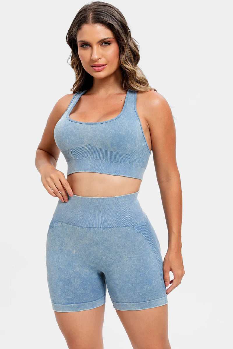3 Piece Washed Square Neck Wide Strap Active Set for Women - Gym, Yoga & Lounge Wear - Comfortable Workout Outfit for Running & Pilates