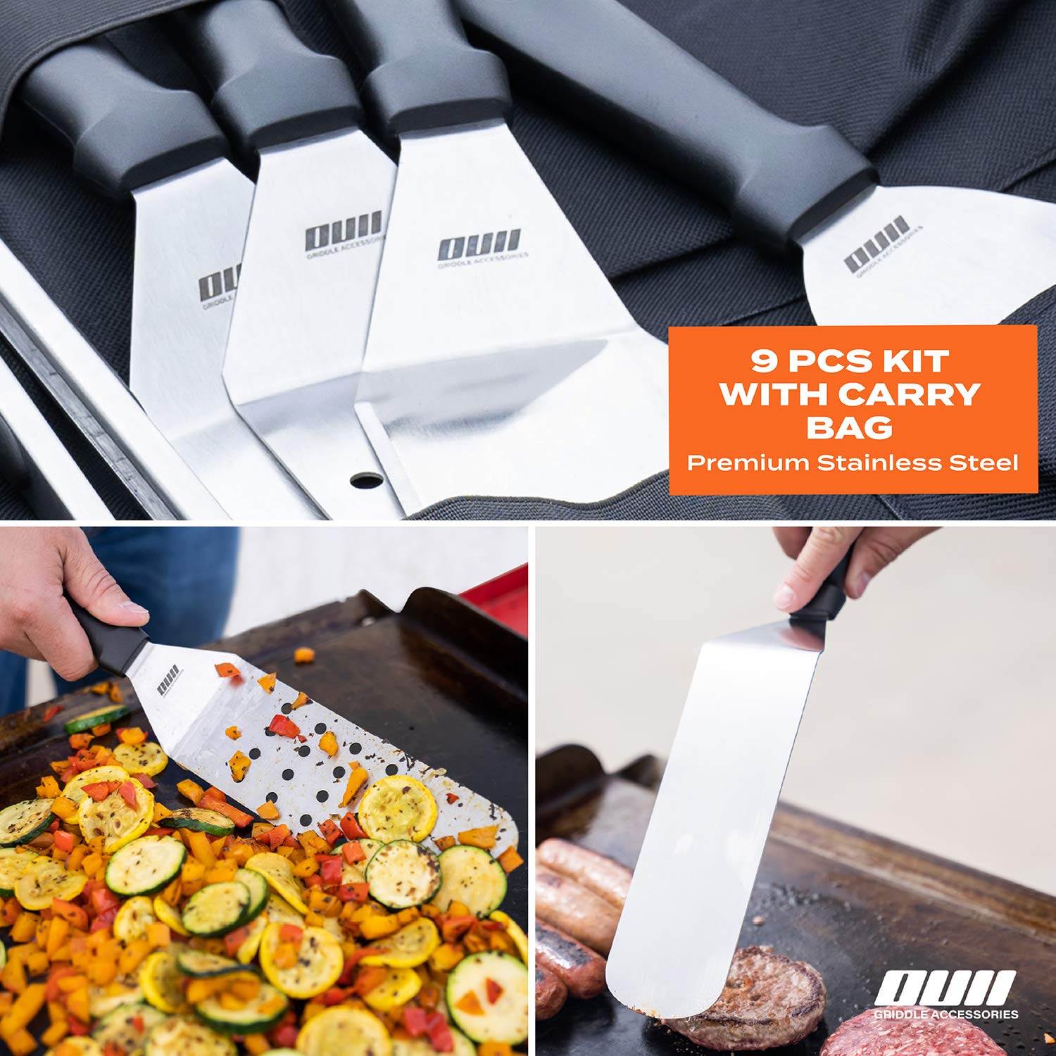 9-Piece Flat Top Griddle Accessories Set for Blackstone & Camp Chef - Includes Metal Spatula, Scraper, Cleaning Kit & Carry Bag - Perfect for Hibachi, Teppanyaki & Outdoor Cooking