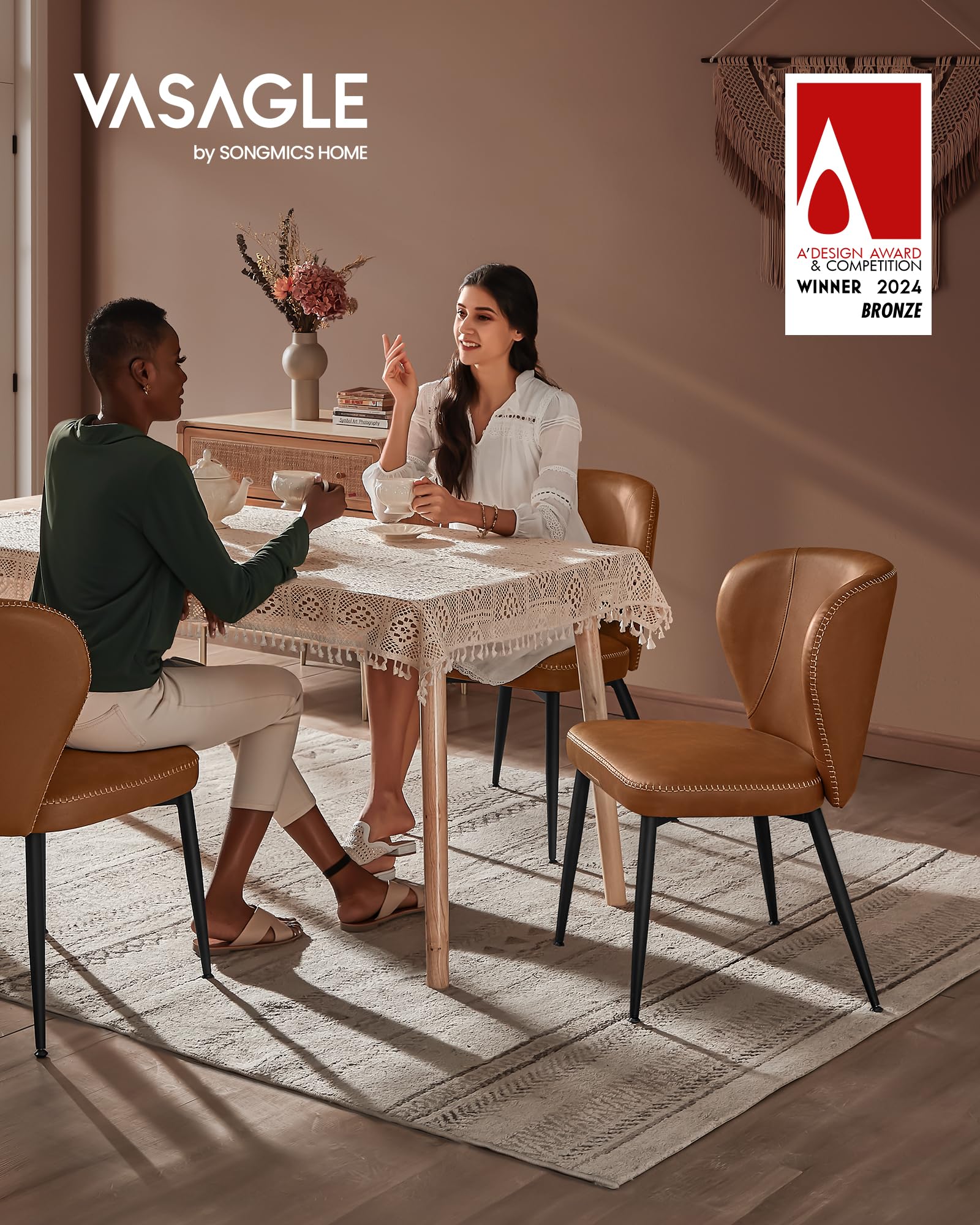 VASAGLE EKHO Mid-Century Modern Dining Chairs Set of 2 - Upholstered Kitchen Chairs with Comfortable Synthetic Leather Seat & Stitching - Easy Assembly - Caramel Brown - Perfect for Dining Room, Kitchen, Living Room & Lounge Areas