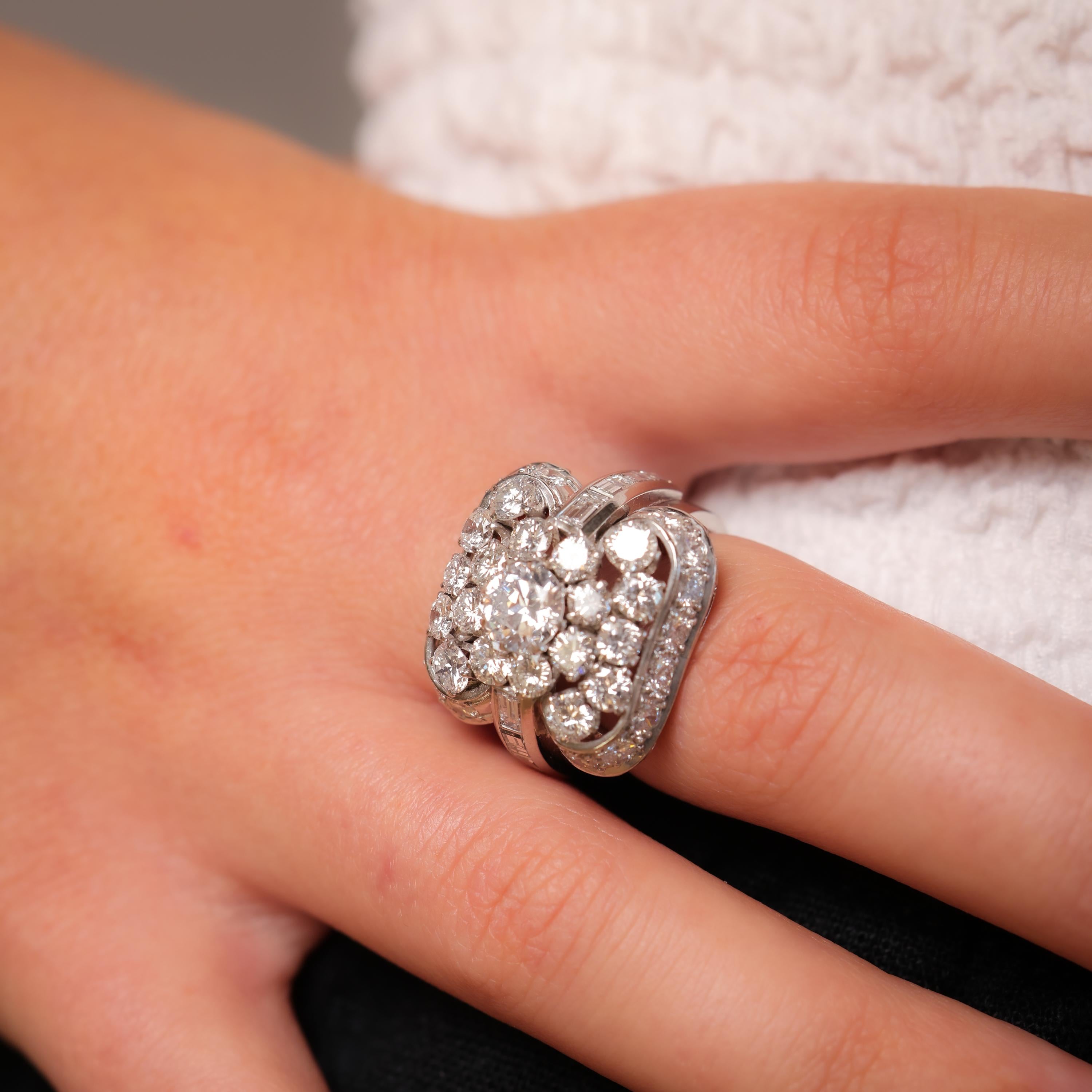 Vintage Mid Century 6.5 Carat Diamond Platinum Cocktail Ring for Women - Elegant Evening Party, Wedding, Anniversary & Special Occasion Jewelry Gift