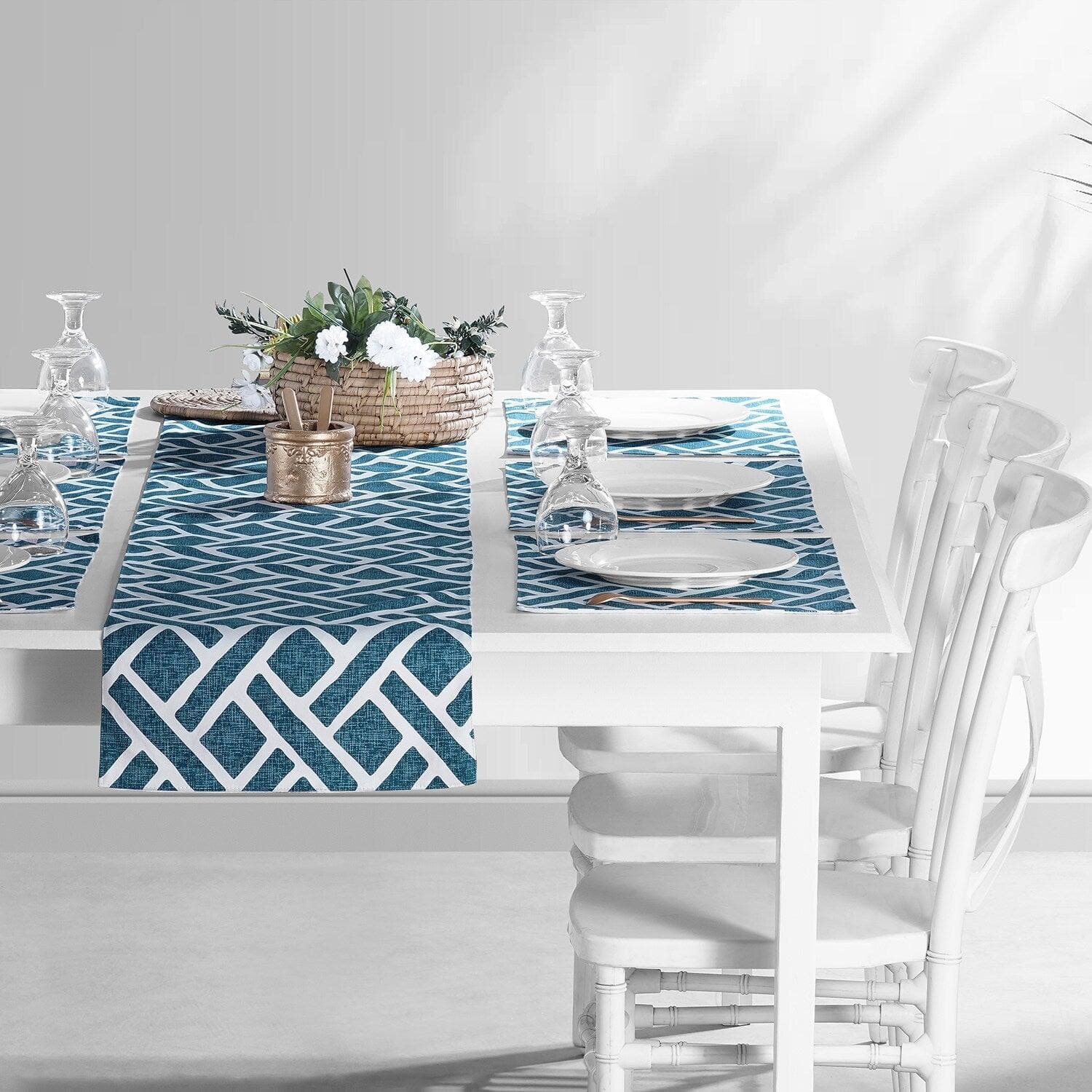 Martinique Blue Geometric Printed Cotton Table Runner & Placemats Set - Elegant Dining Table Decor for Weddings, Parties, and Holiday Gatherings