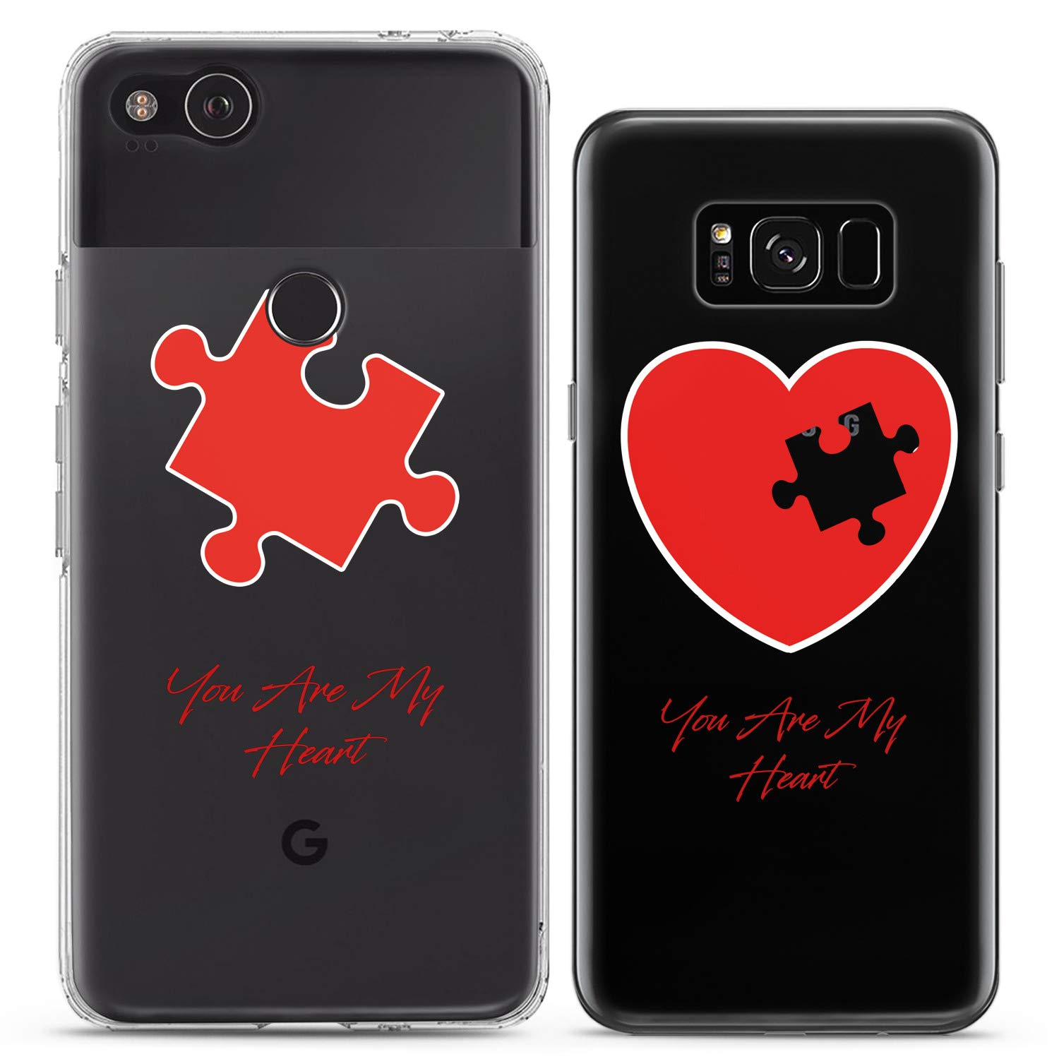 **Matching Couple iPhone Cases - Compatible with iPhone 16/15/14/13/12/11 Pro Max/Mini/XS/X/6s/8 Plus/7+/XR/10/SE/5 - Red Puzzle Quote Design - Anniversary Gift for Her - Cute Silicone Pair Cover for Boyfriend & Girlfriend - Perfect for Couples, Valentine's Day & Romantic Gifts**