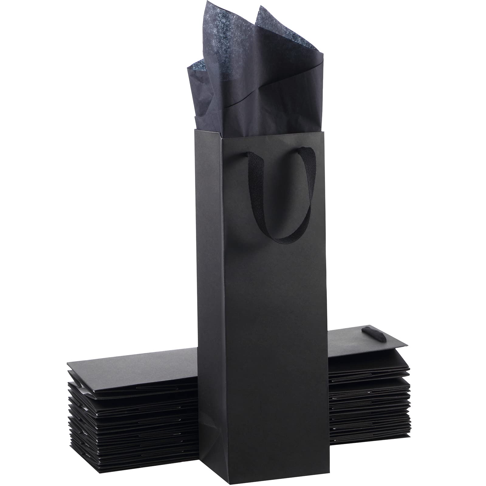 Premium 12-Piece Kraft Wine Gift Bags with Handles & Tissue Paper - 4x3.5x14 Inch Black - Elegant Holiday Wine Packaging for Christmas, Weddings & Special Occasions - Perfect for Gifting Fine Wine, Champagne & Liquor Bottles