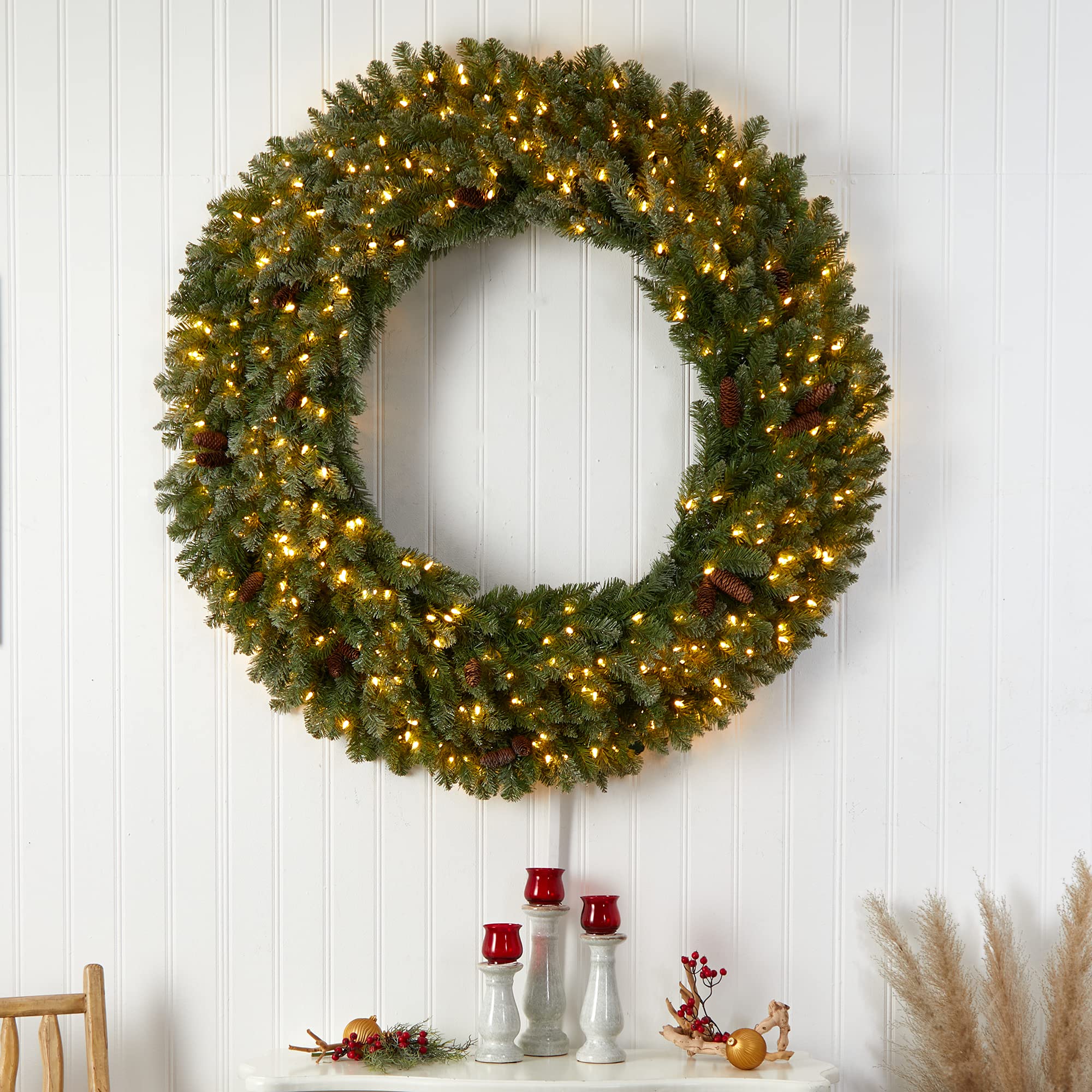 Nearly Natural 5ft Flocked Artificial Christmas Wreath with Pinecones, 300 Clear LED Lights & 680 Bendable Branches – Perfect for Holiday Door Decor, Fireplace Mantel & Festive Home Decoration