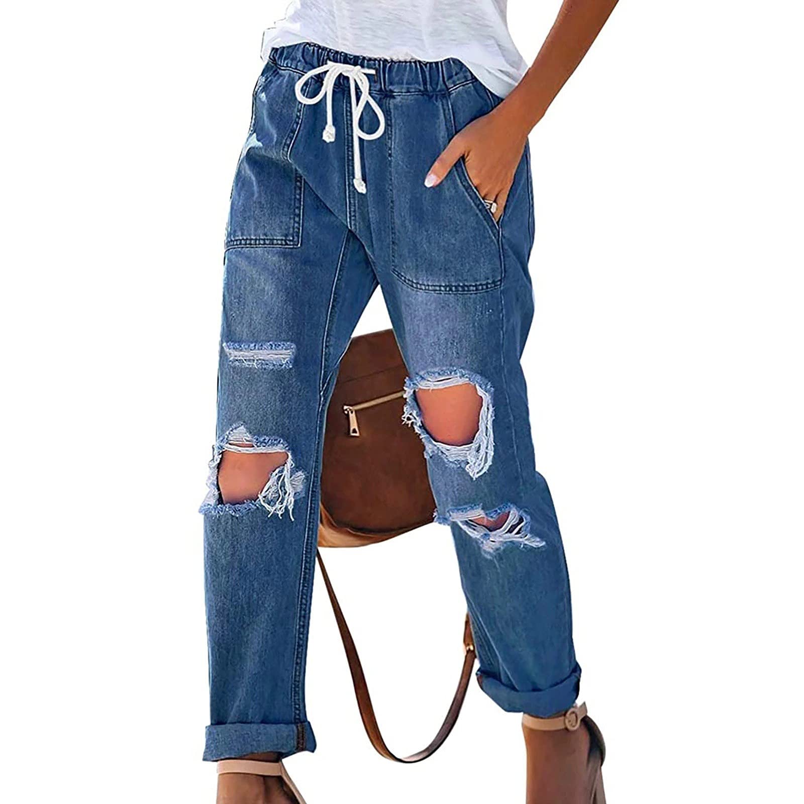 Gaoshi Women's Casual Mid-Waist Drawstring Ripped Washed Jeans - Trendy Distressed Denim Pants for Everyday Wear | Perfect for Street Style, Shopping & Casual Outings
