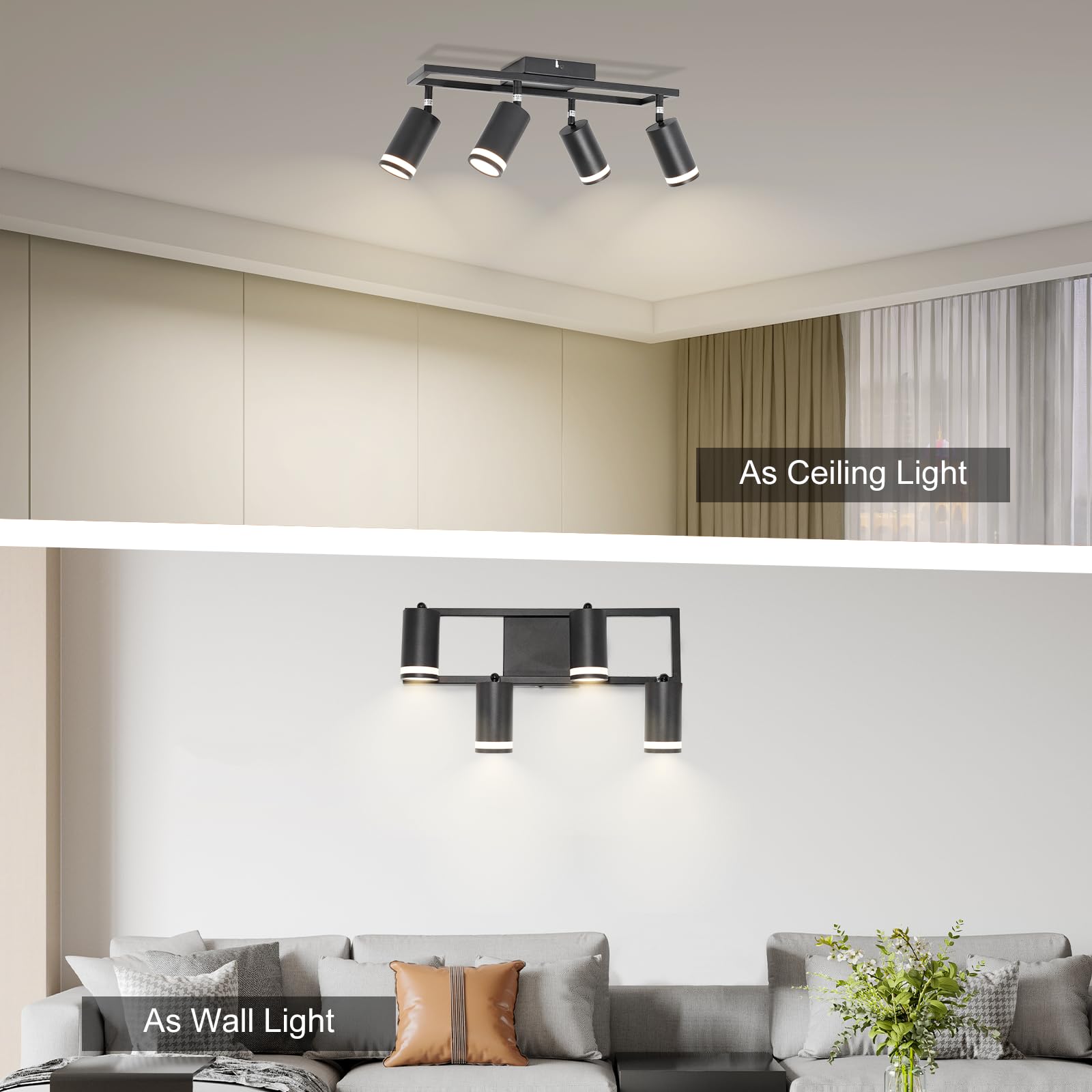 4-Light Black GU10 LED Track Lighting Fixture - Modern Ceiling Spotlight Kit for Kitchen, Hallway, Bedroom & Living Room - Adjustable Track Lights for Home & Office Lighting