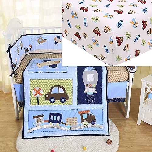 Brandream 4-Piece Boys Crib Bedding Set - Car & Spaceship Themed Baby Nursery Bedding for Boys | Soft & Comfortable Crib Sheets, Fitted Crib Skirt, Pillowcase & Blanket | Perfect for Baby Showers, Nurseries & Toddler Rooms