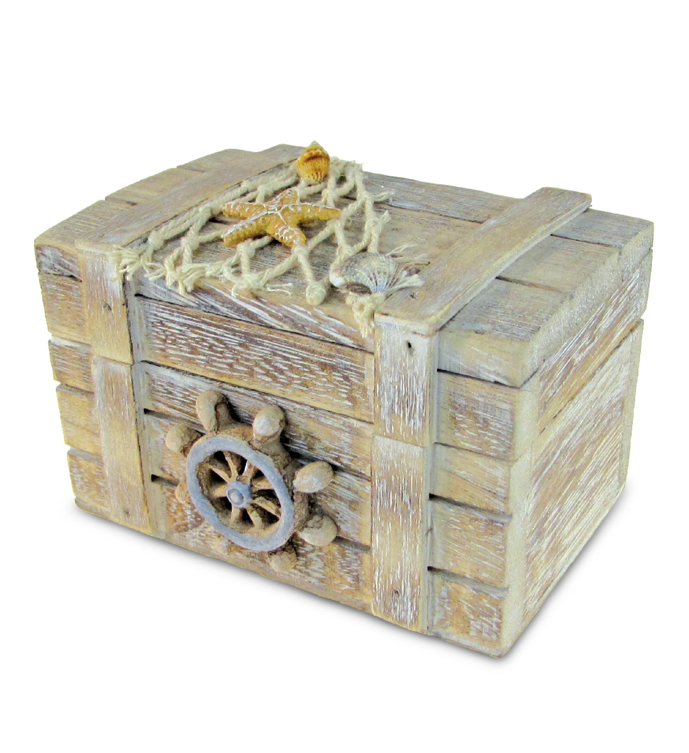 Vintage Wooden Trinket Box with Starfish & Shells Decor - Handcrafted Nautical Keepsake Storage Box, Rustic Decorative Box with Hinged Lid (4.25 Inches) - Perfect for Beach Themed Home Decor, Jewelry Organizer, and Gift Giving