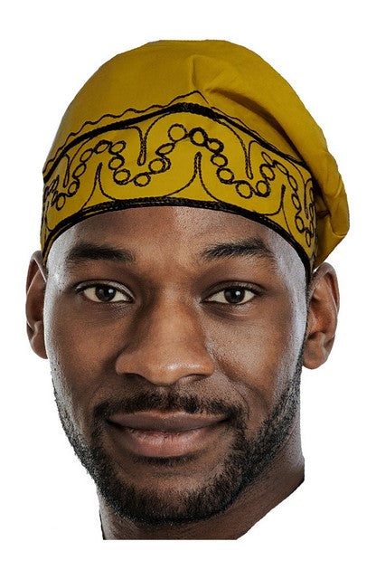 Authentic Gold African Cotton Kufi Hat with Elegant Black Embroidery - Traditional Muslim Prayer Cap for Men - Perfect for Religious Ceremonies, Weddings & Cultural Events