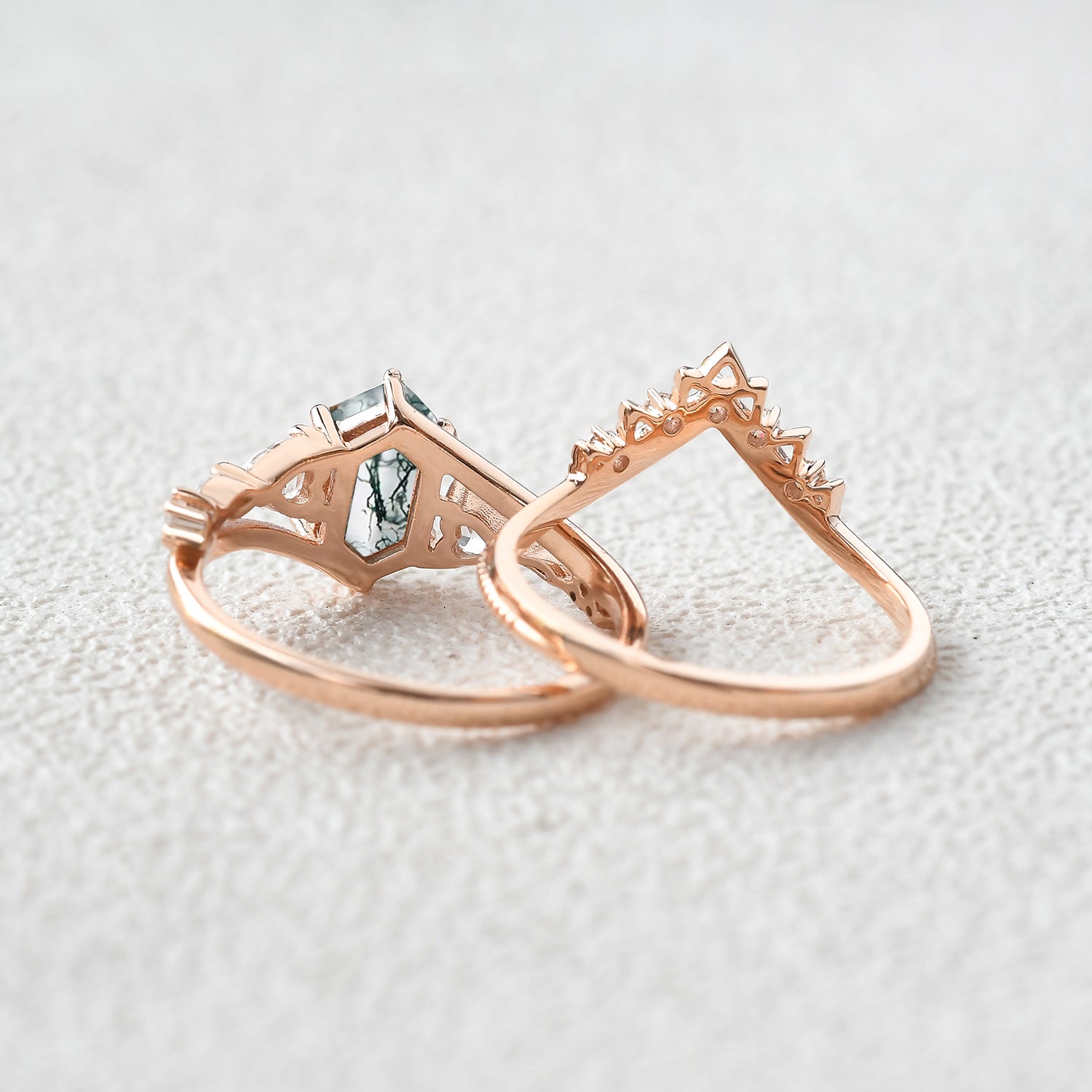 Hexagon Moss Agate Art Deco Engagement Ring Set - 2 Piece Vintage Style Wedding Band for Women - Perfect for Proposals, Anniversaries & Special Occasions