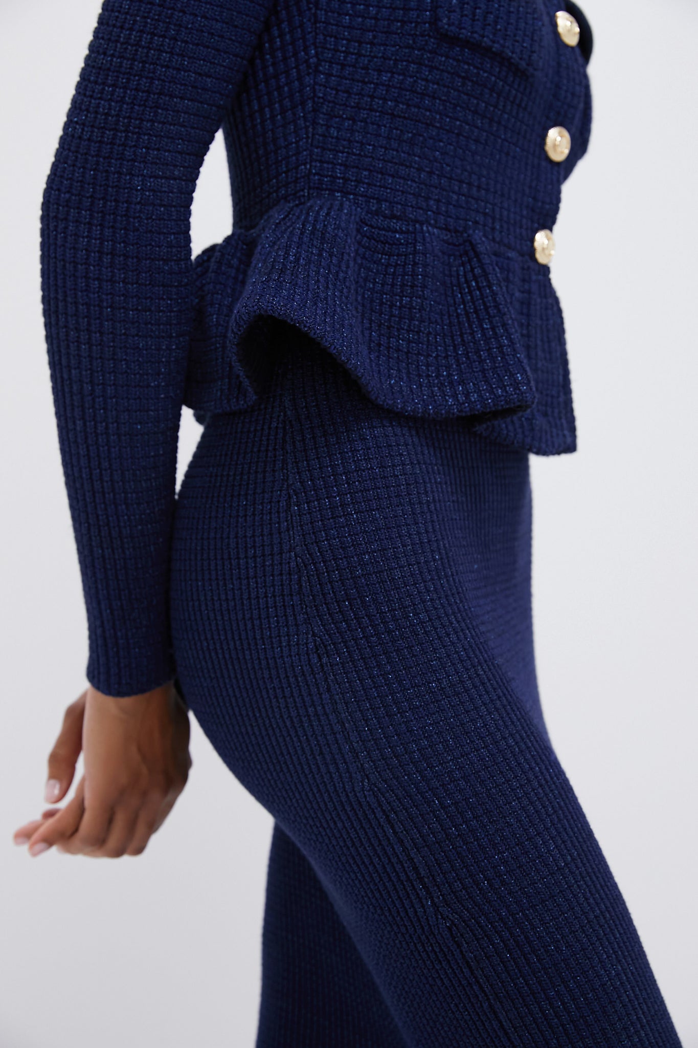 Navy Blue Knit Peplum Midi Dress for Women - Elegant Flared Waist Summer Dress for Casual Outings, Date Nights & Office Wear