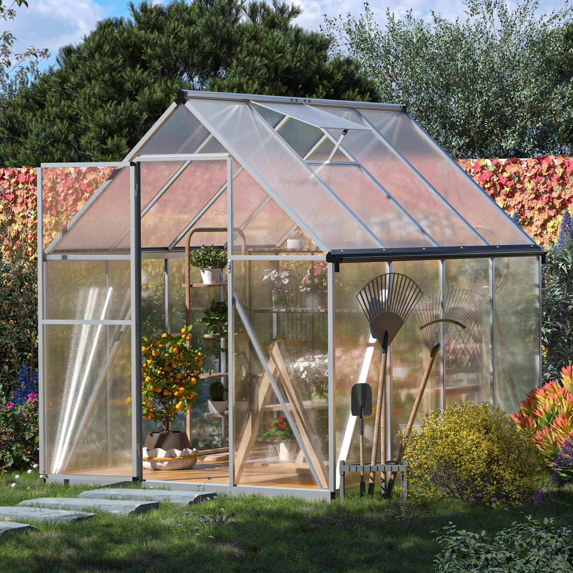 6x8 FT Large Polycarbonate Greenhouse with Sturdy Aluminum Frame, Roof Vent & Lockable Doors - Durable Outdoor Walk-in Greenhouse for Backyard Gardening, Plant Protection & Year-Round Growing (Silver)