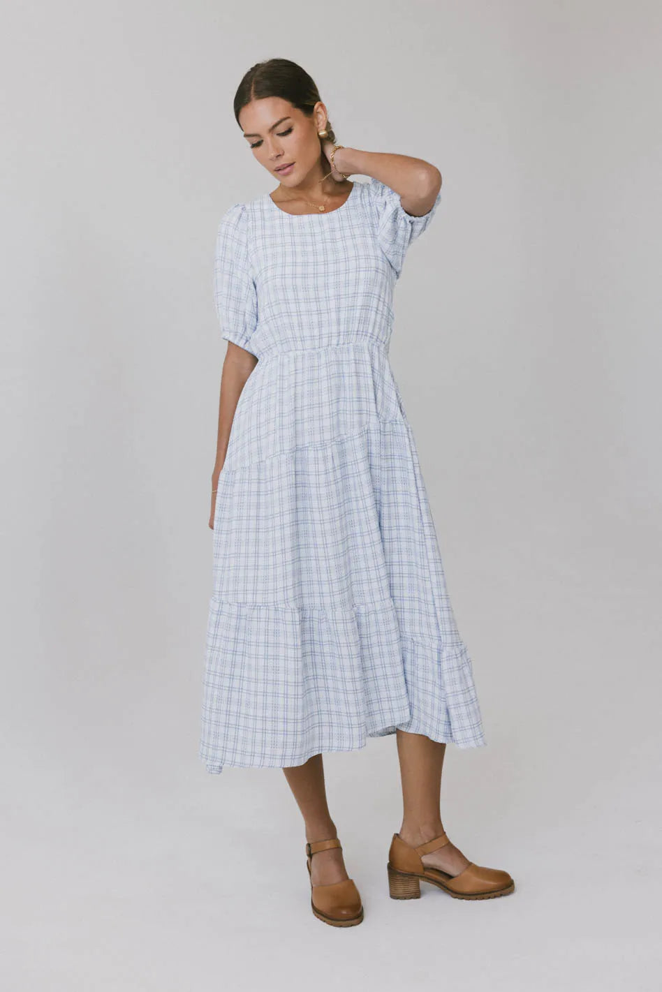 Melina Blue Plaid Midi Dress for Women | Elegant Floral Print A-Line Skirt | Perfect for Office, Party & Date Night Outfits