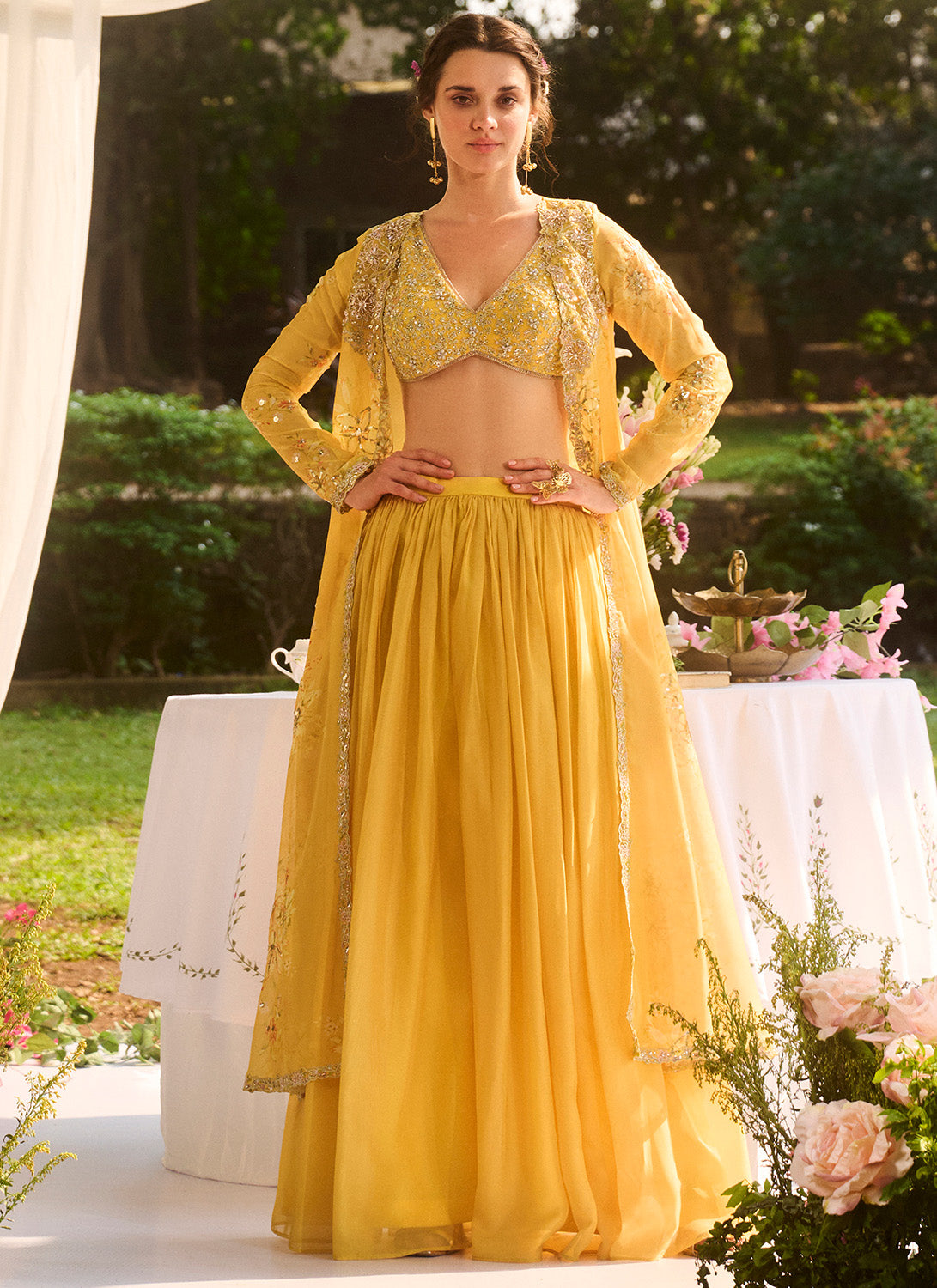 Yellow Floral Embroidered Pant Set With Jacket - Women's Elegant 2-Piece Outfit for Spring Summer | Perfect for Weddings, Parties & Casual Wear