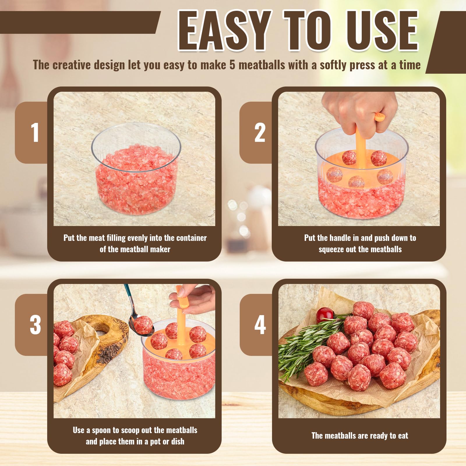 Premium 5-in-1 Meatball Maker Kitchen Tool - Transparent Meatball Press for Homemade Meatballs, Shrimp Balls, Veggie Balls & Round Pastries - Durable Orange Cooking Gadget for Easy Meal Prep & Party Snacks