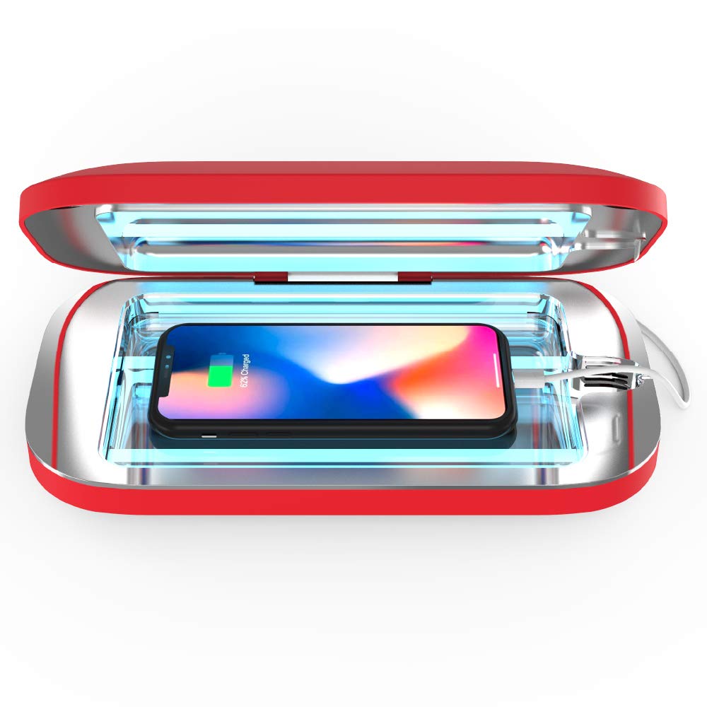 PhoneSoap Pro UV Smart Phone Sanitizer & Universal Charger | 360° UV-C Disinfection for iPhone, Samsung, Android | Kills 99.9% Germs | Wireless Charging Station | Perfect for Home, Office, Gym & Travel (Red)