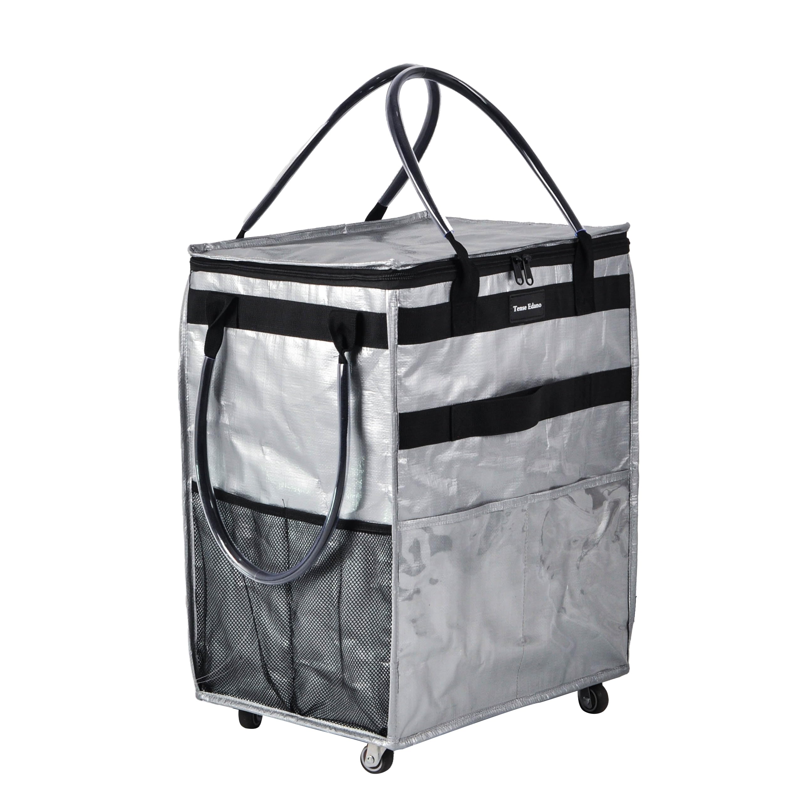 Large Capacity Reusable Grocery Shopping Trolley with Wheels - Foldable Rolling Tote Bag with Heavy Duty Handle & Outer Pocket (Silver, Large) - Perfect for Grocery Shopping, Farmers Market & Travel