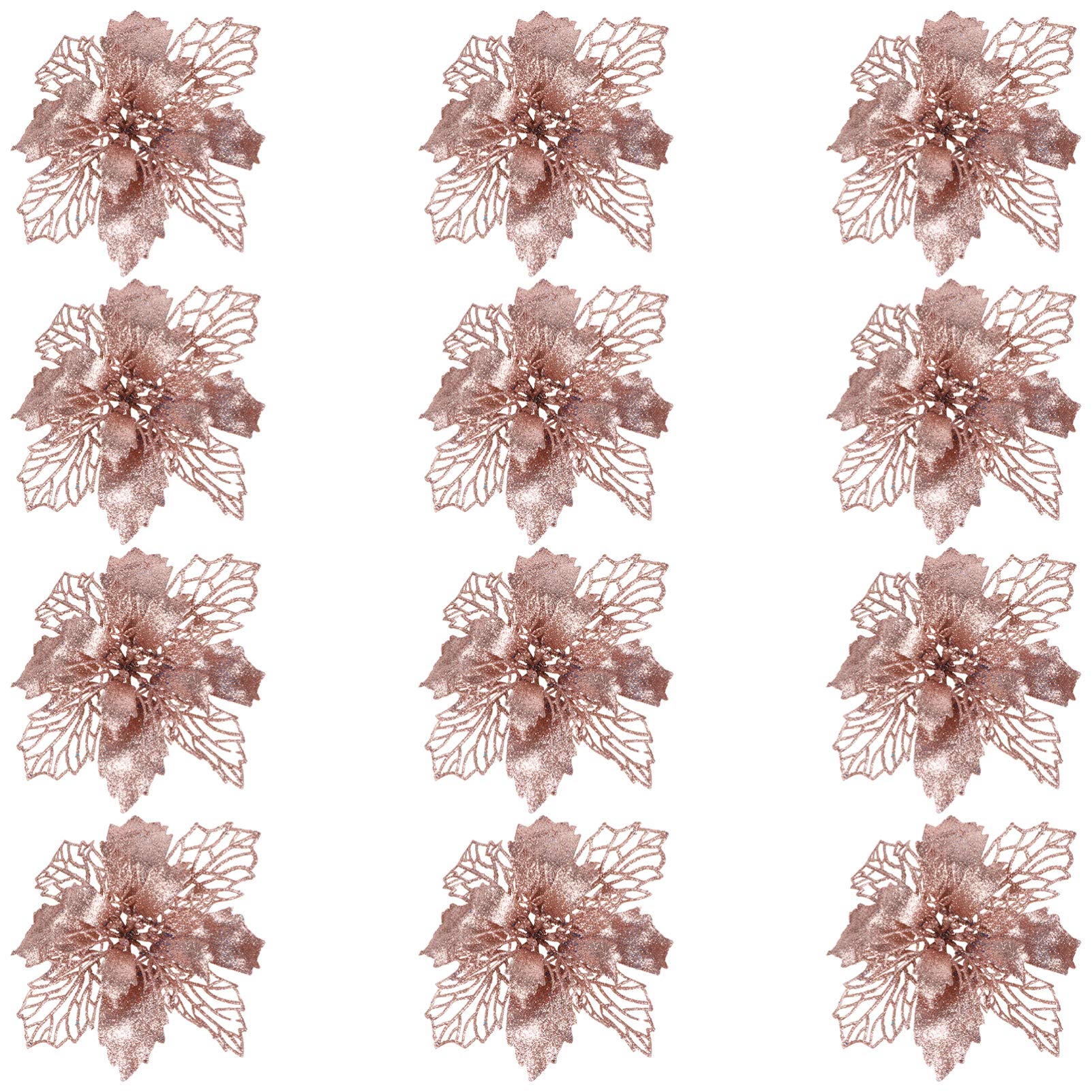 EXCEART 12Pcs Artificial Glitter Poinsettia Flowers - Christmas Tree Decorations, Holiday Ornaments for Xmas, New Year, Winter Home Decor & Party Centerpieces