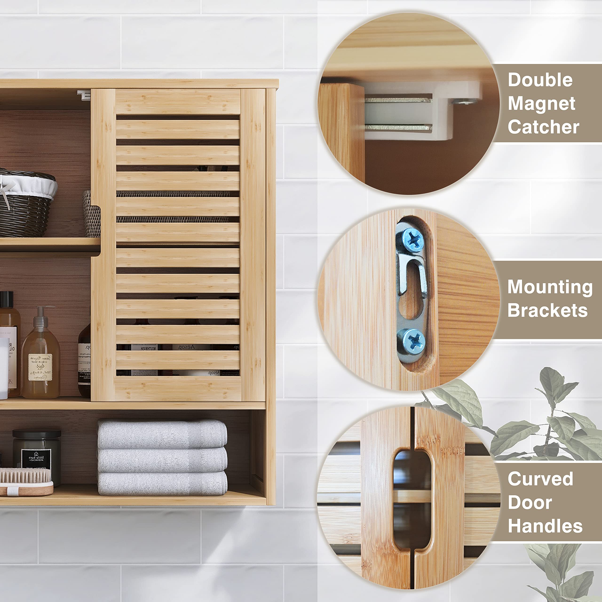 SMIBUY Wall Mounted Bamboo Bathroom Cabinet - Over The Toilet Storage Organizer with 2 Doors & Adjustable Shelves - Space Saving Medicine Cabinet (Natural) - Perfect for Small Bathrooms, Apartments & Vanity Organization
