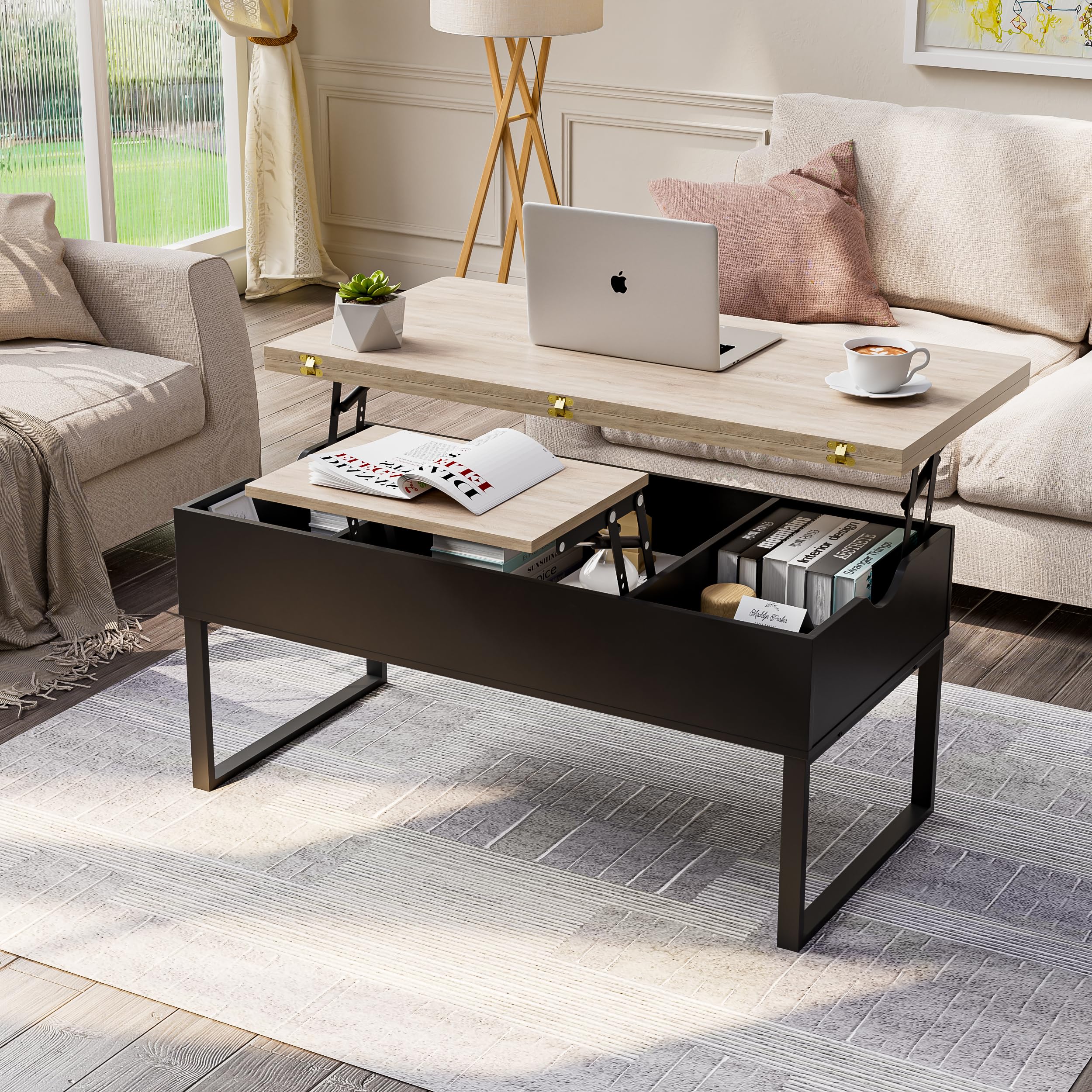 JoliJour Modern Lift-Top Coffee Table with Hidden Storage Compartment - Industrial Brown Living Room & Bedroom Side Table | Perfect for Small Spaces, Entertaining Guests, and Storing Remote Controls