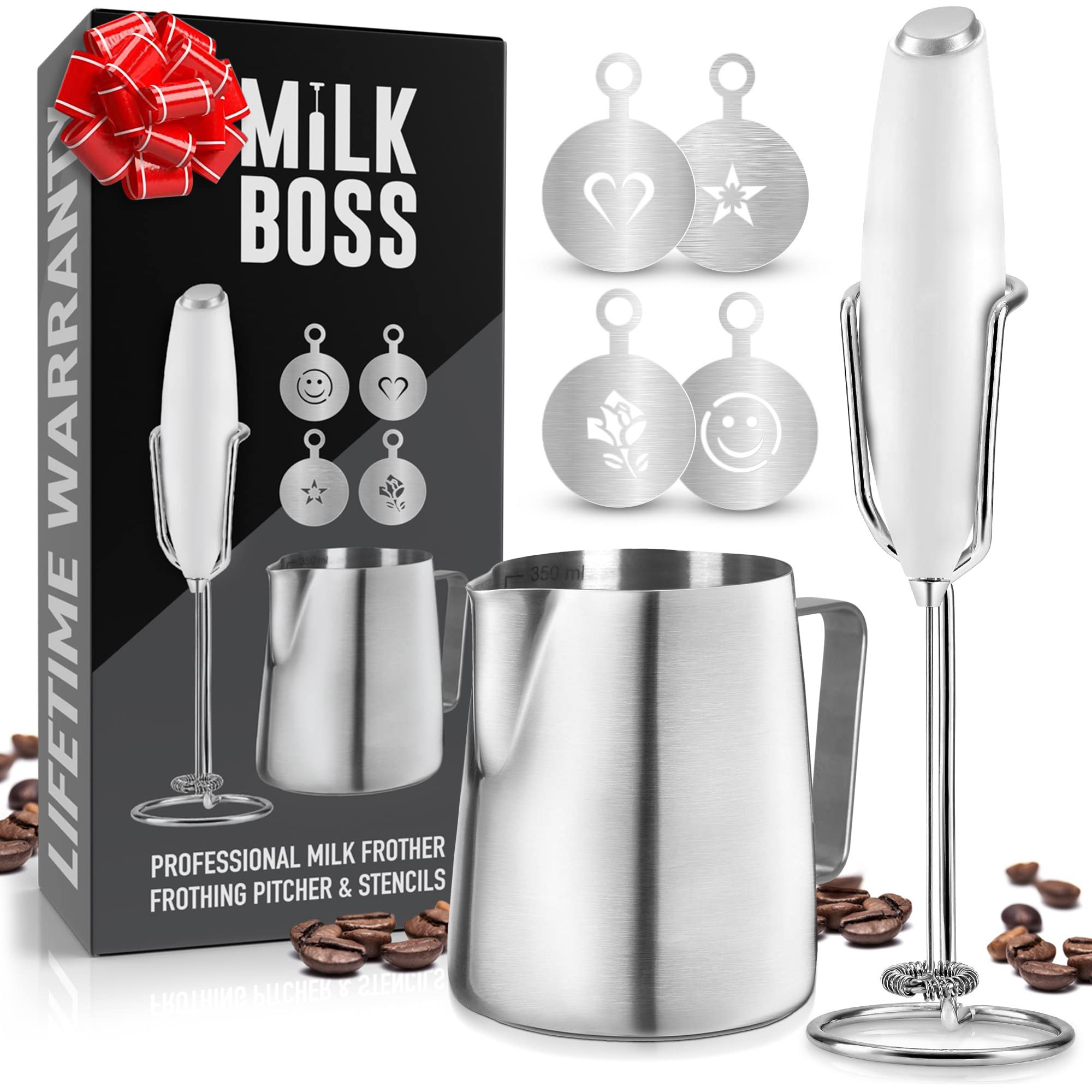 Upgraded Milk Boss Handheld Milk Frother for Coffee - Electric Foam Maker & Drink Mixer with Pitcher, Stencils & Stand - Perfect for Lattes, Cappuccinos & Hot Chocolate at Home or Cafe