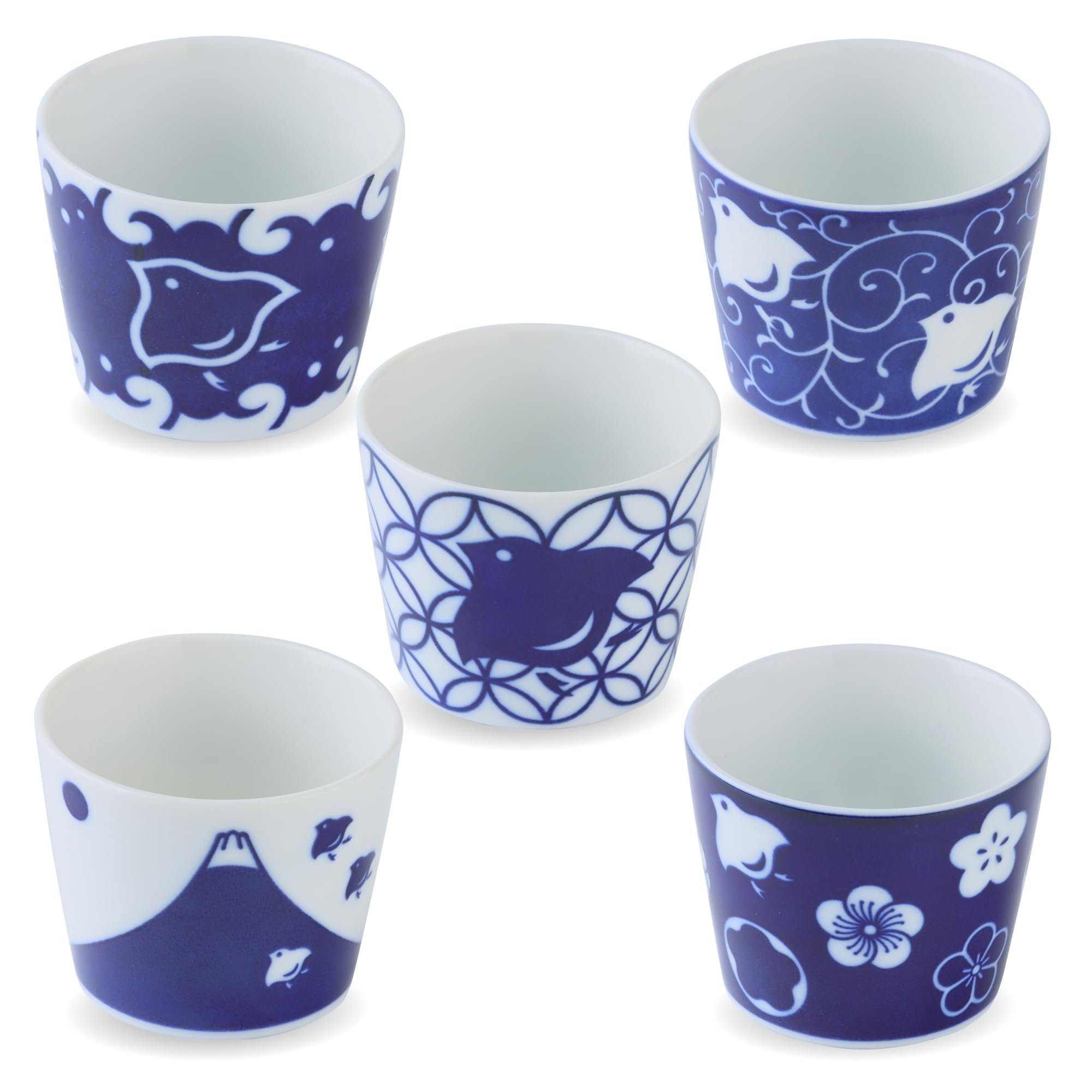 Mino Ware CHIDORI Plovers 5-Piece Tea Cup Set - 5.1 fl oz Japanese Ceramic Cups for Tea, Coffee & Bouillon - Indigo Blue Traditional Design (3.1x2.6 inch) - Perfect for Home, Cafe & Gift Giving