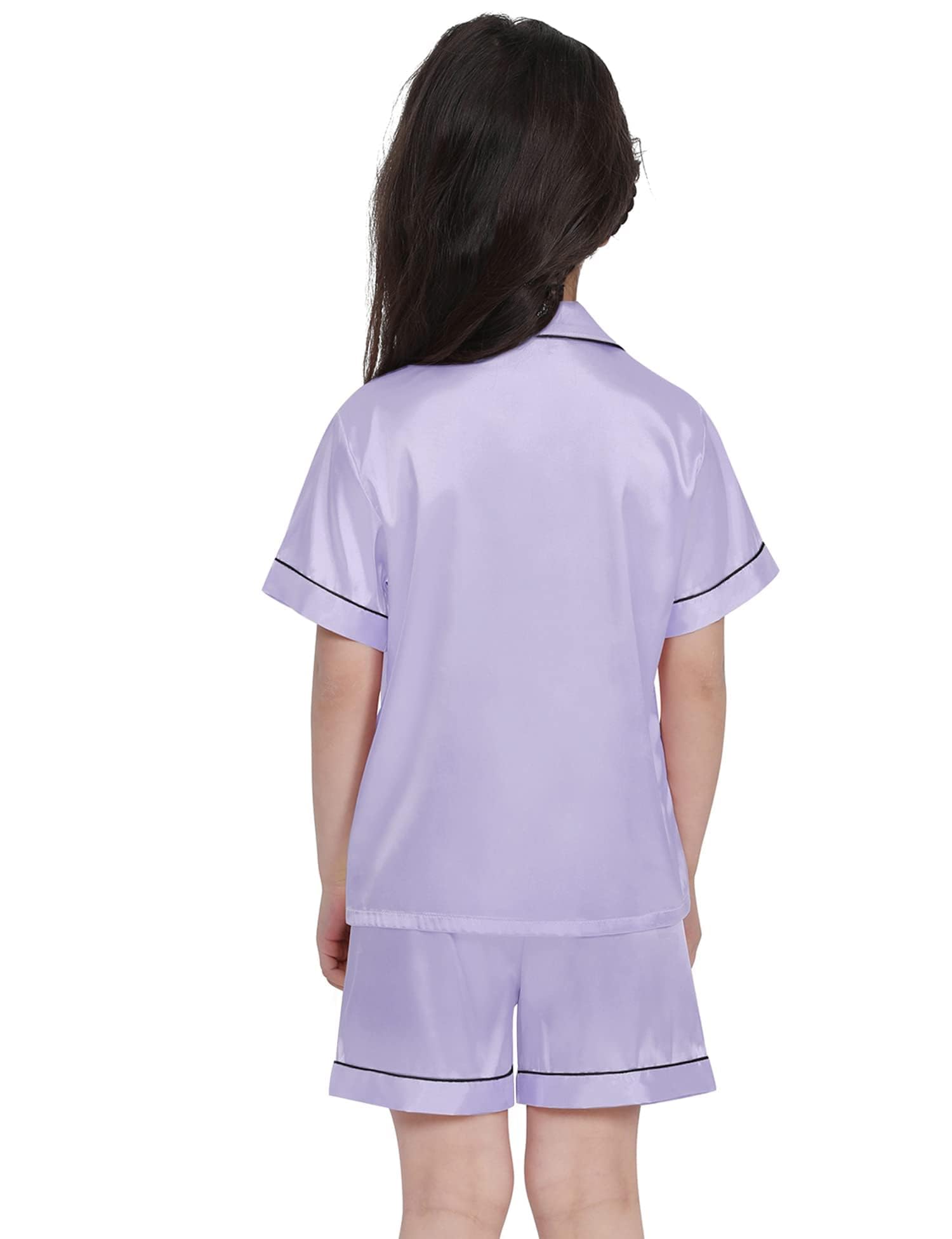 SWOMOG Kids Satin Pajama Set for Girls & Boys - Soft Button-Down Short Sleeve Silk Nightwear 2-Piece Lounge Outfit - Perfect for Sleepovers, Birthday Gifts & Cozy Family Nights