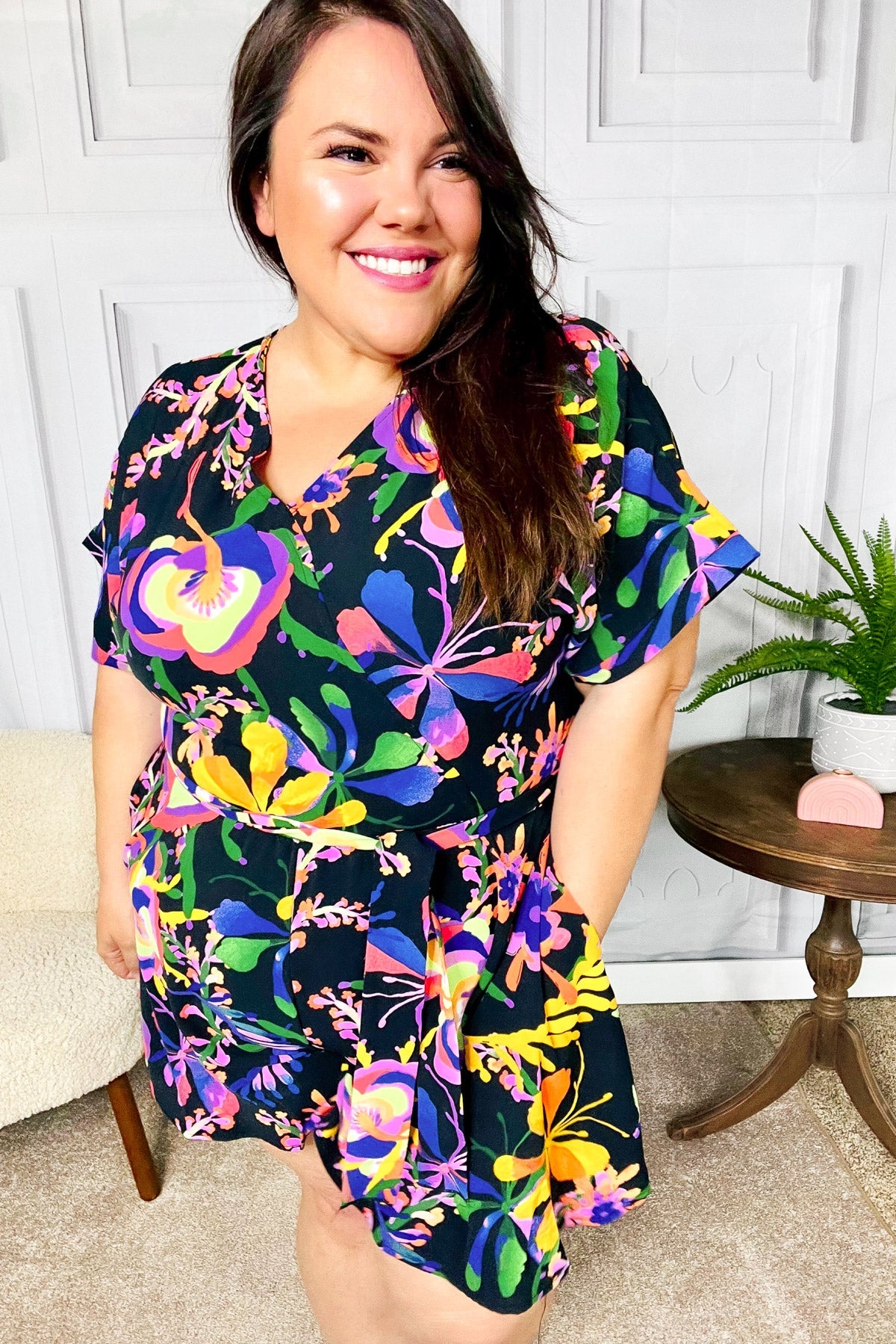 Stylish Black Floral Surplice Woven Romper for Women - Summer Casual Jumpsuit with Comfortable Fit - Perfect for Beach Vacations, Brunch Dates & Outdoor Events