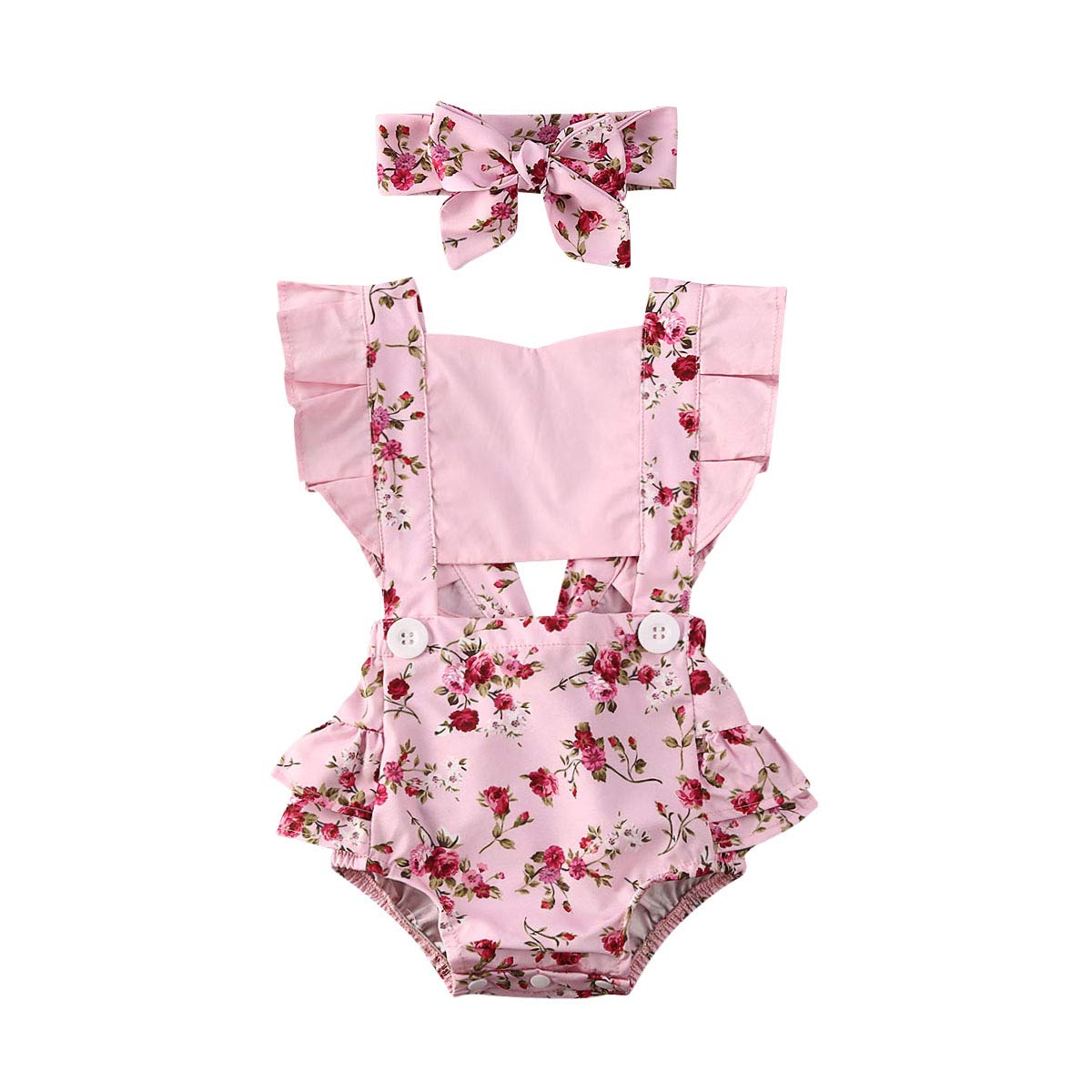 Adorable Baby Girls Floral Print Sleeveless Romper Jumpsuit with Flying Sleeves & Matching Headband - Perfect for Birthday Parties, Photo Shoots & Special Occasions